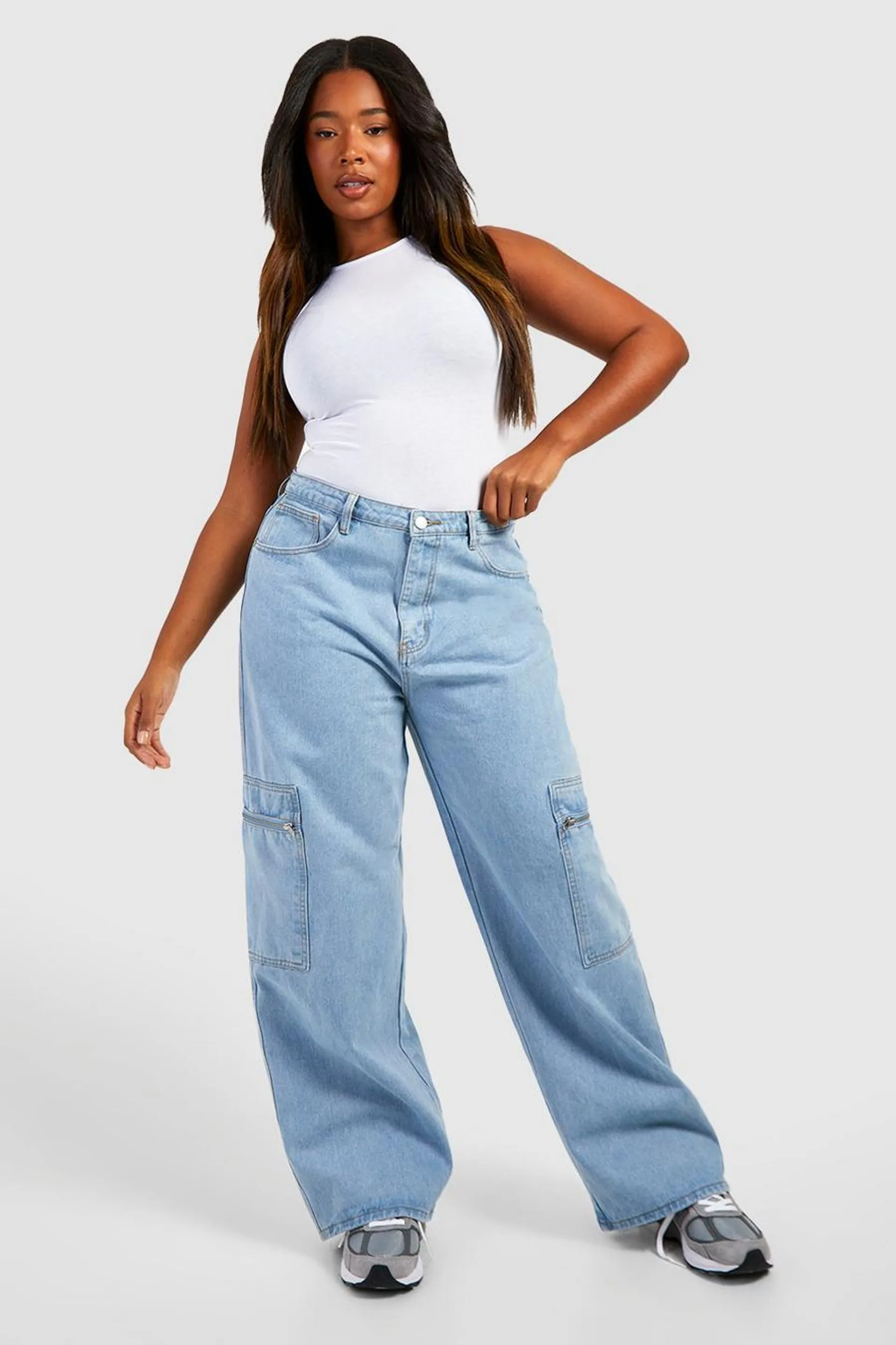 Plus Zip Pocket High Waisted Cargo Jeans