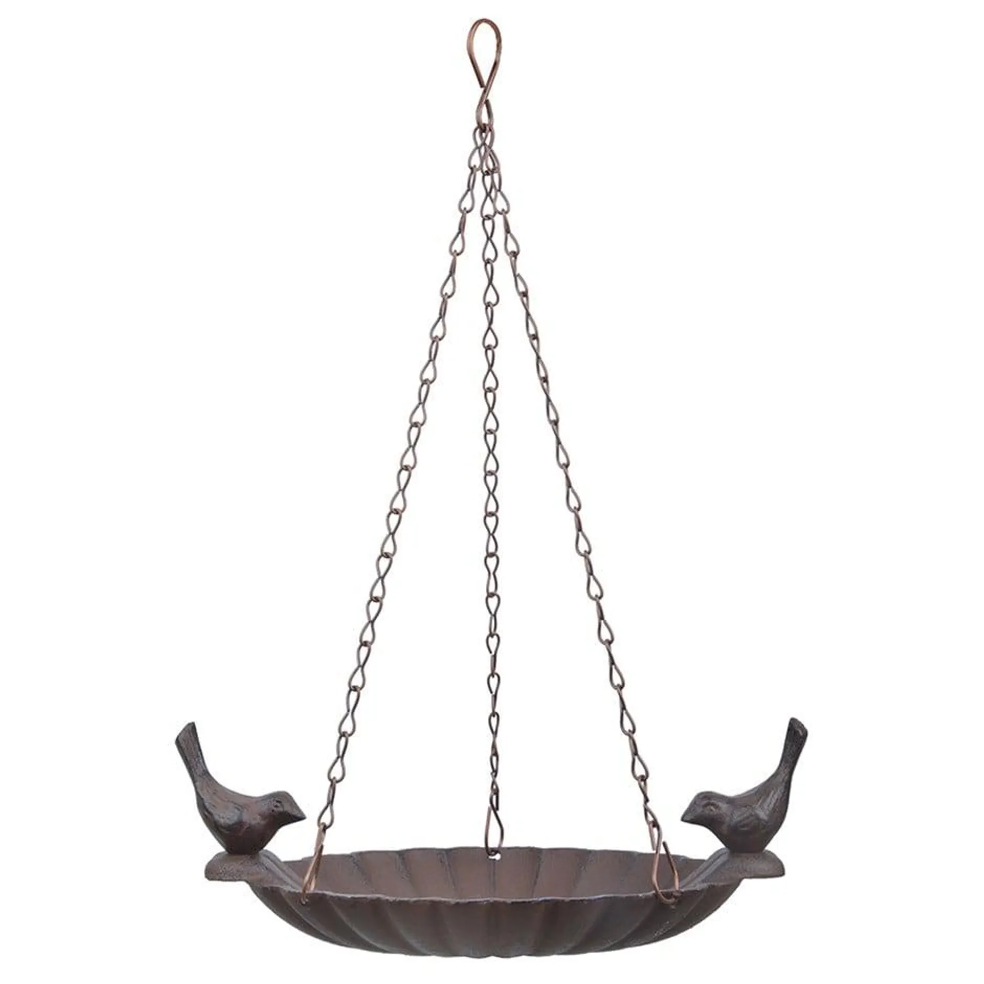 Hanging bird bath with birds