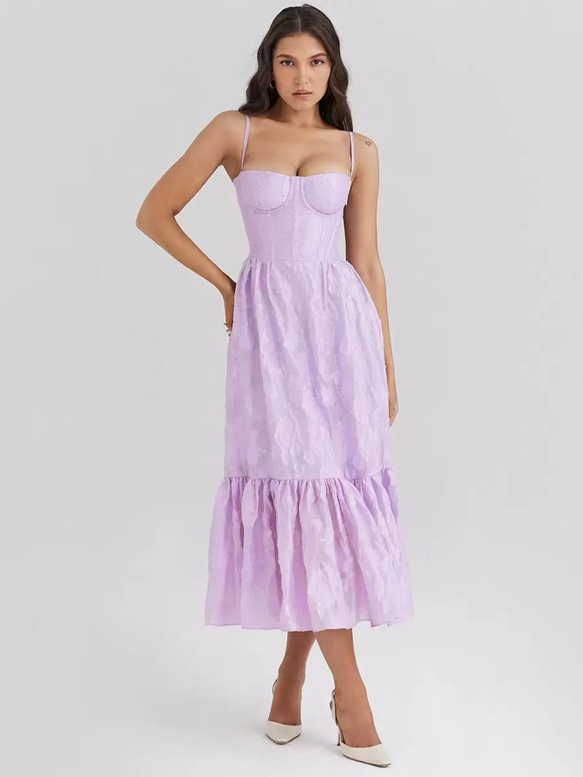 Summer Dress Straps Neck Pleated Violet Long Beach Dress