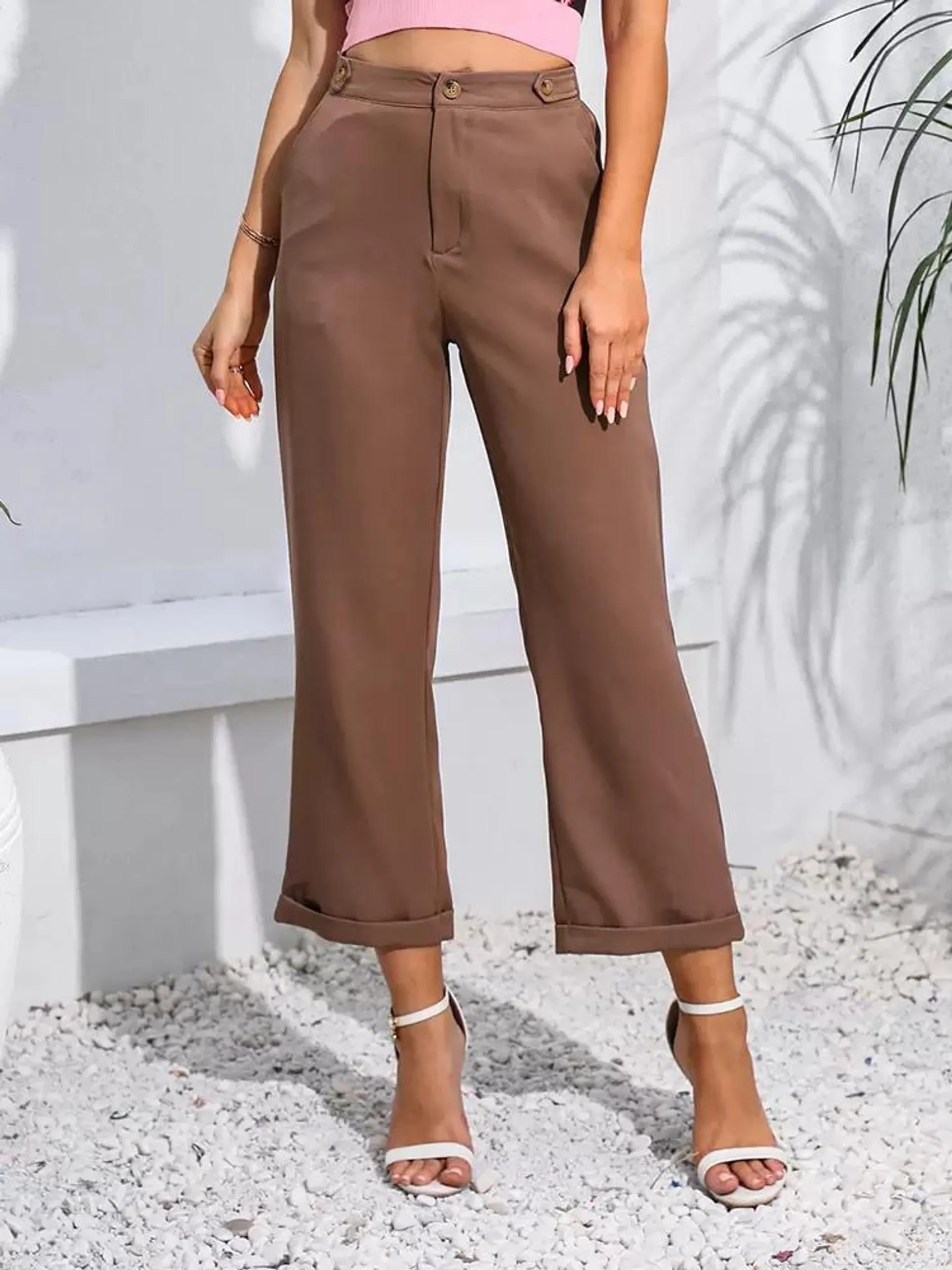 Pants Deep Brown Buttons Polyester Natural Waist Trousers