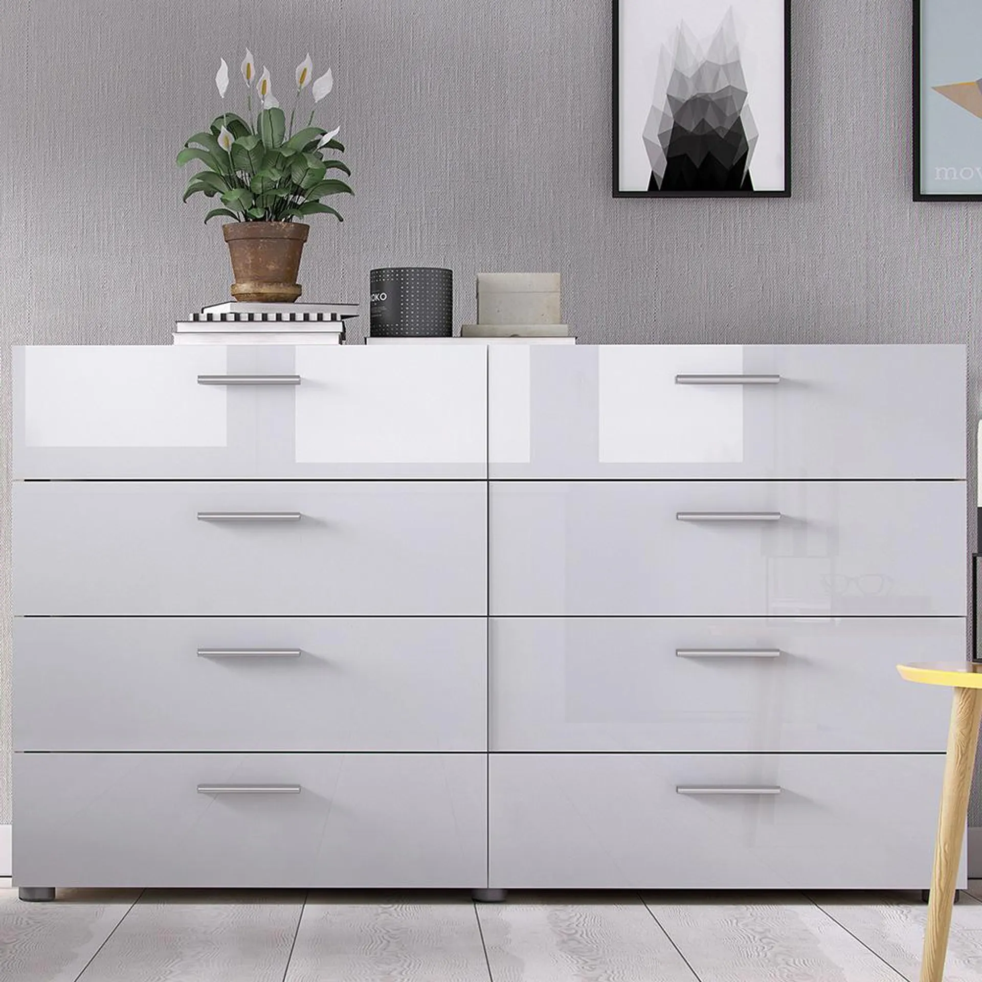 Florence 8 Drawer Oak and White High Gloss Chest of Drawers