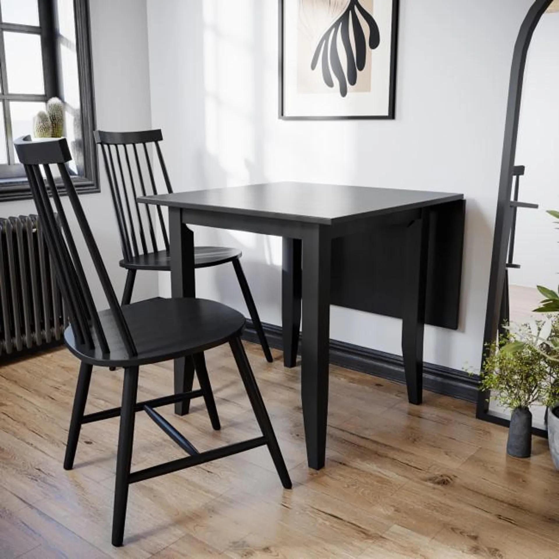Drop Leaf Black Dining Table with 2 Black Spindle Dining Chairs - Olsen