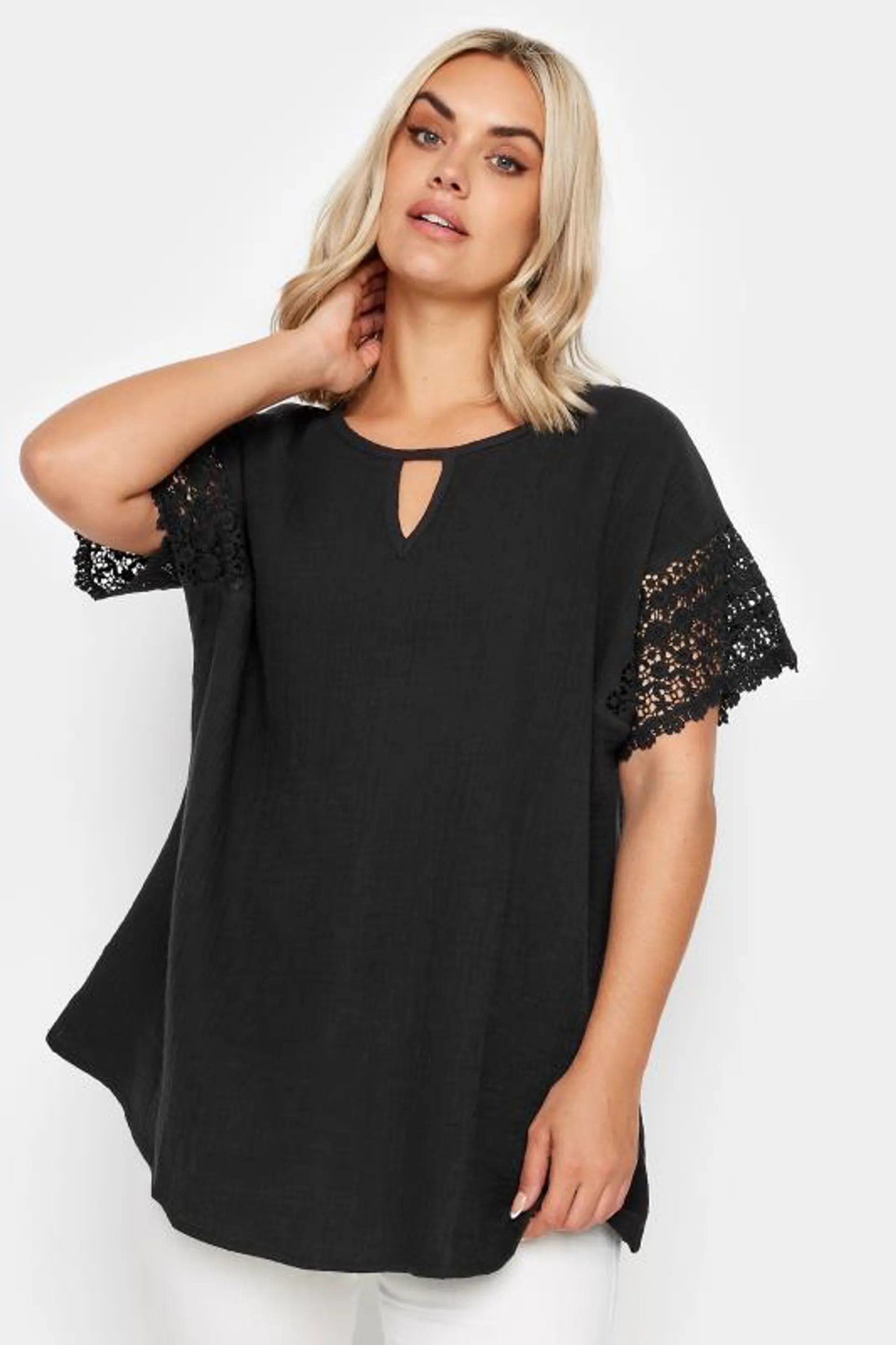 YOURS Curve Black Cheesecloth Crochet Top