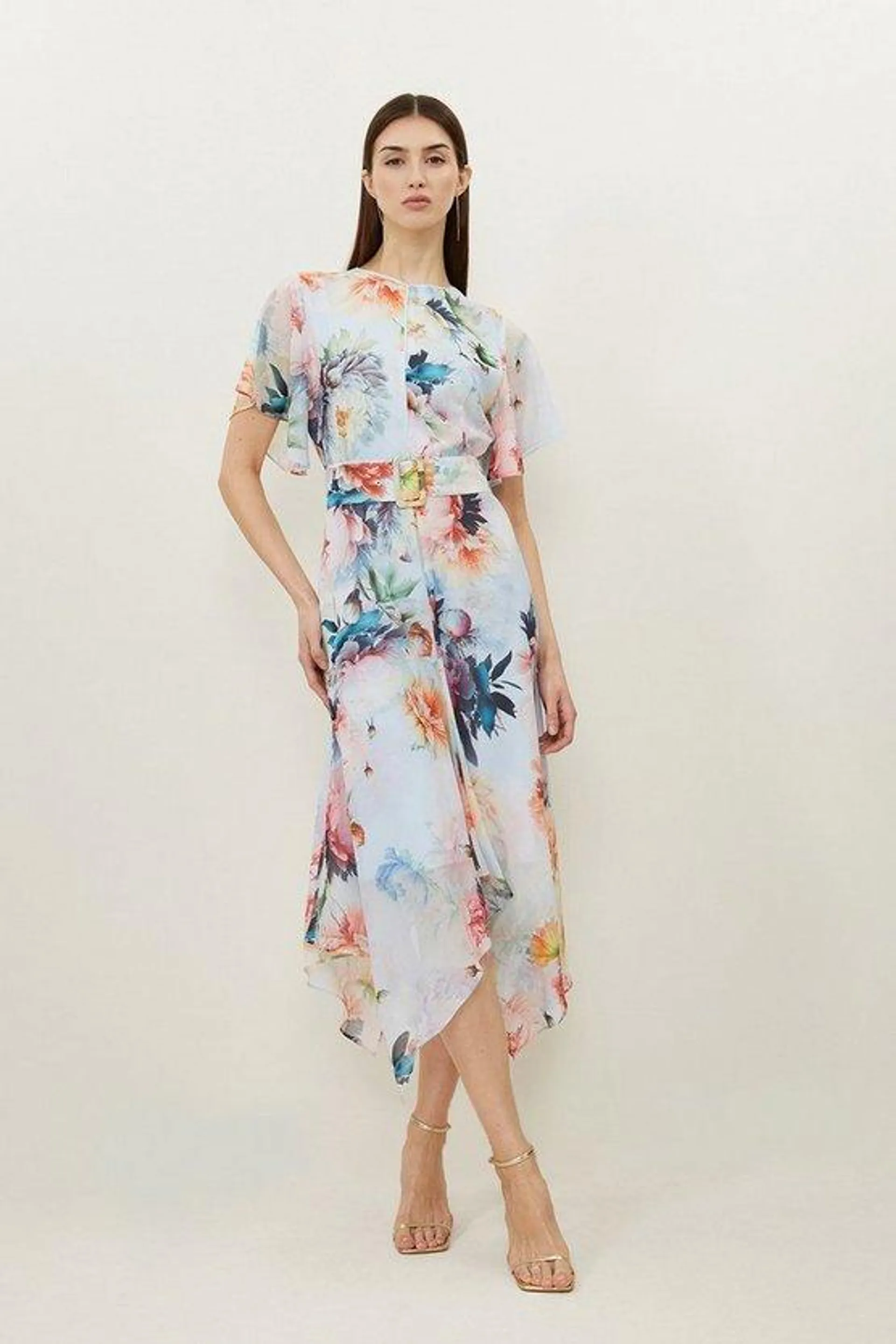 Rose Print Georgette Short Sleeve Woven Midi Dress