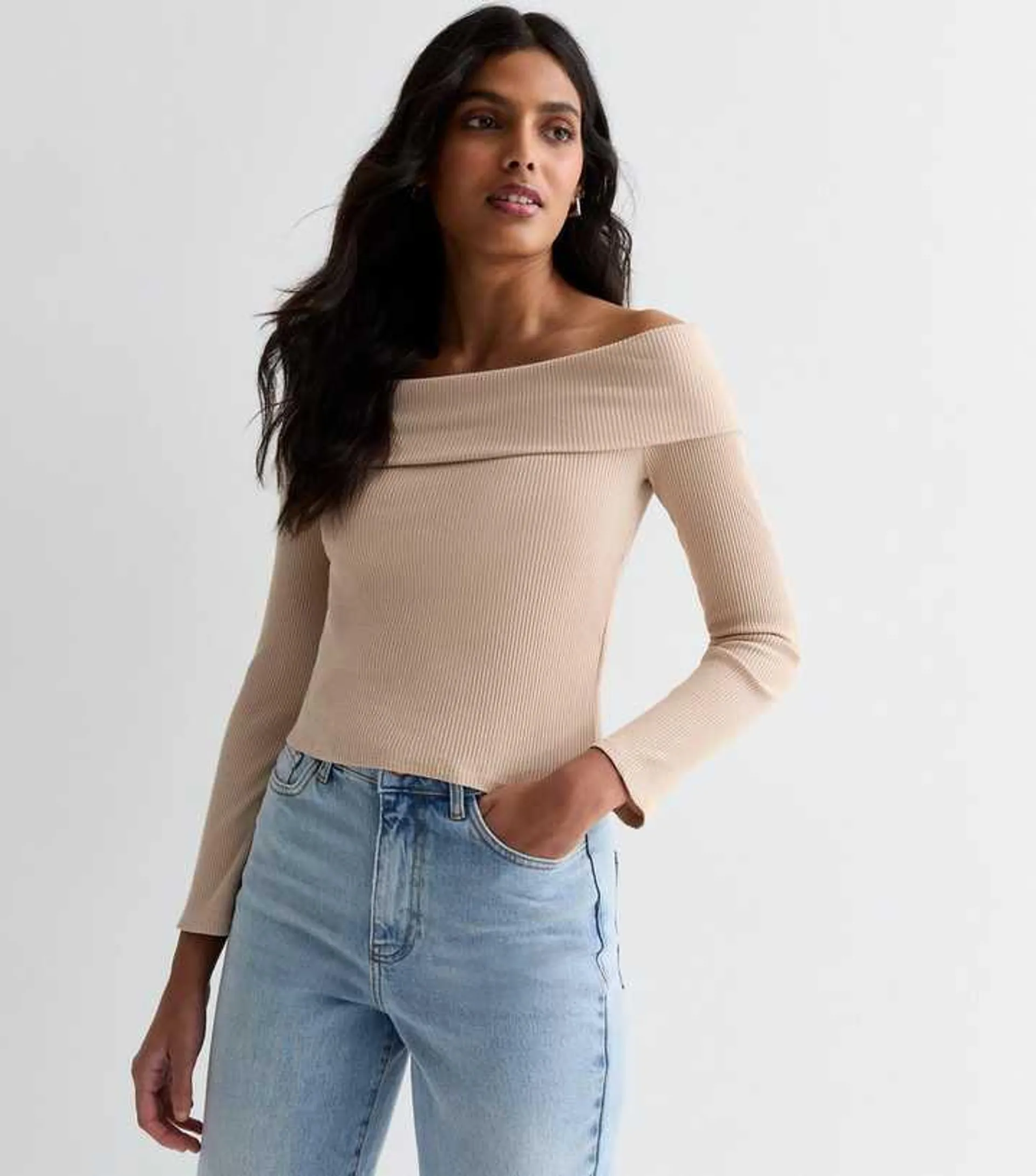 Mink Ribbed Bardot Long Sleeve Top