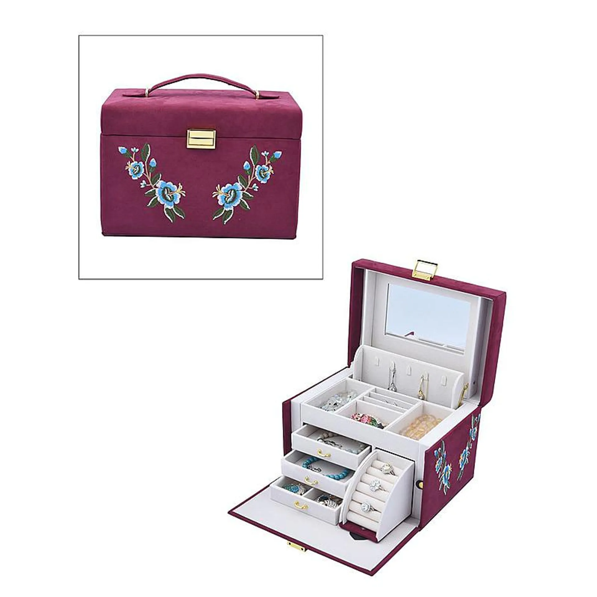 Velvet Embroidered 4 Layer Jewellery Organiser with Handle (Size 26x19x18 cm) - Burgundy