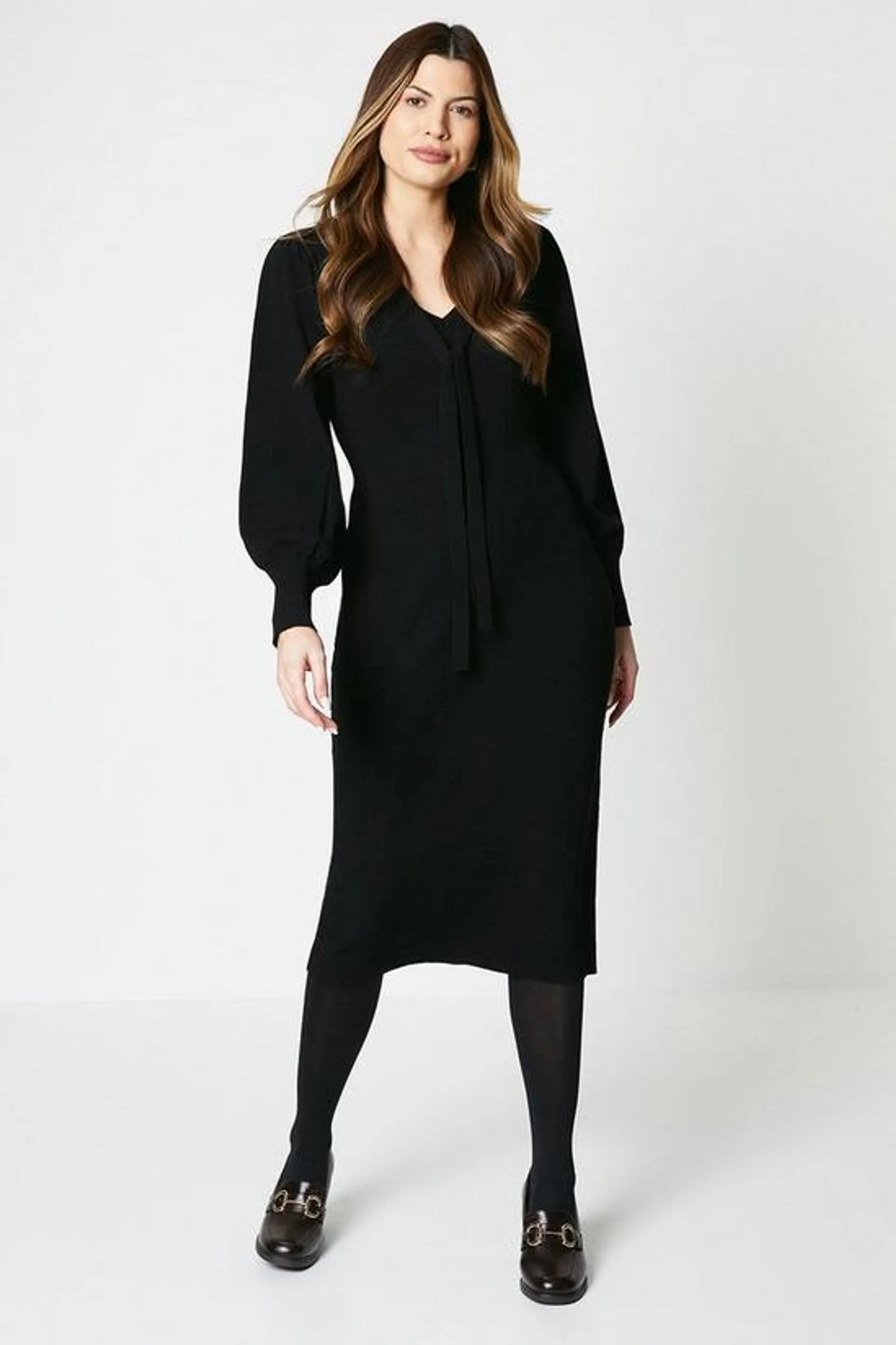 Blouson Sleeve Knitted Midi Dress With Neck Tie