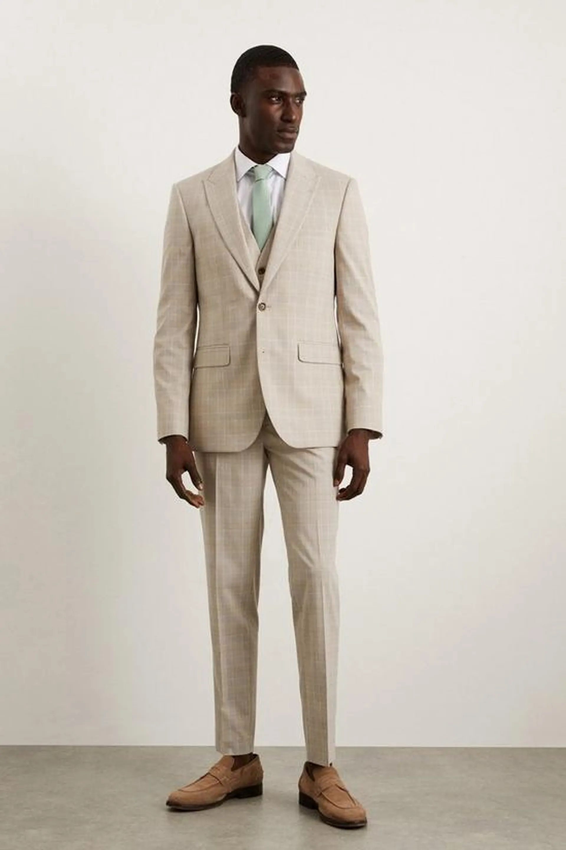 Slim Fit Stone Pow Check Suit Trousers