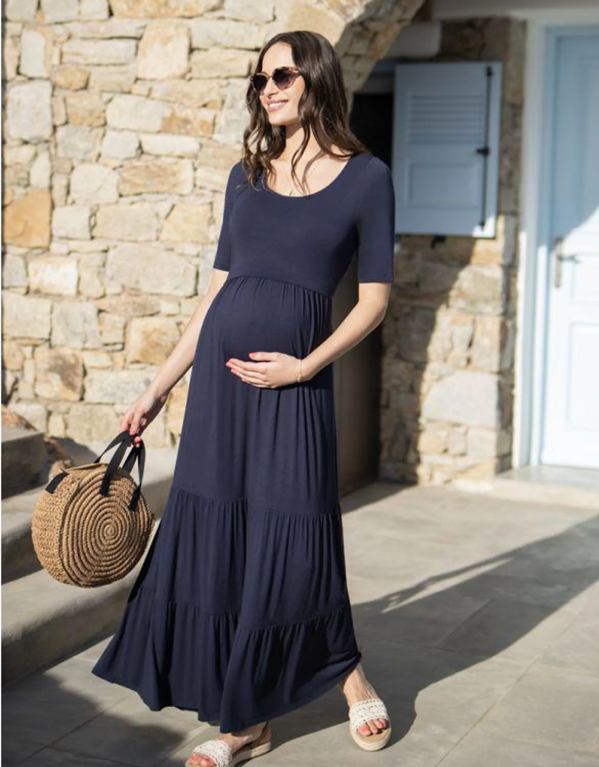 Navy Blue Jersey Maternity & Nursing Maxi Dress