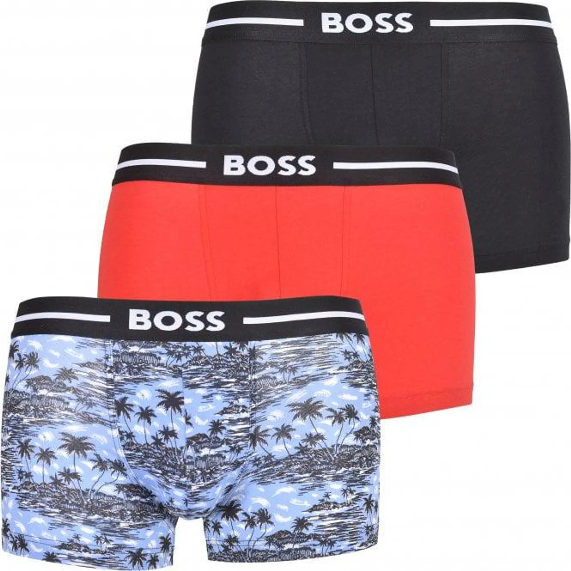 BOSS 3-Pack Bold Island Print Boxer Trunks, Blue/Red/Black