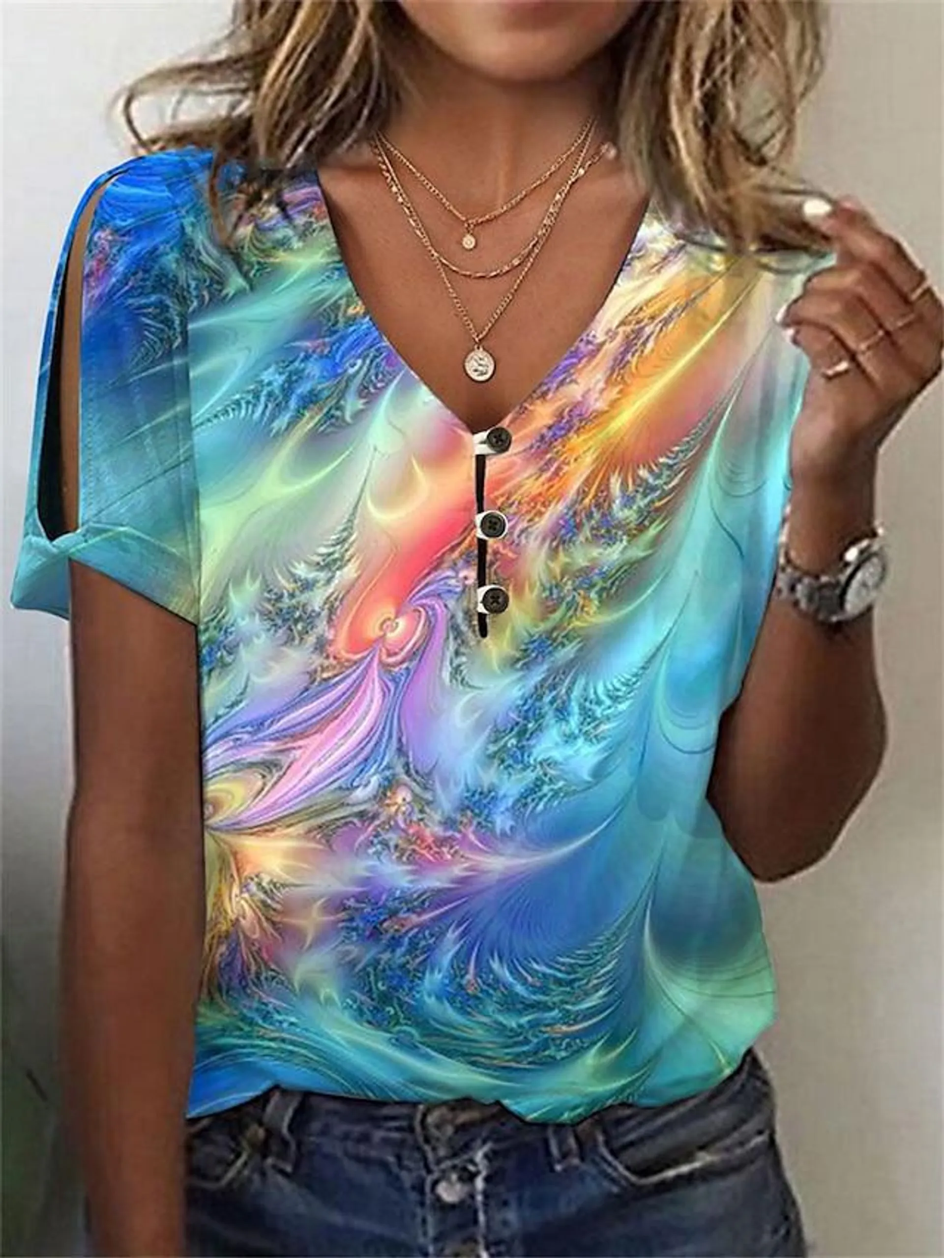 Women's T shirt Tee Blue Purple Green Graphic Button Cut Out Short Sleeve Daily Weekend Basic V Neck Regular Abstract Painting S