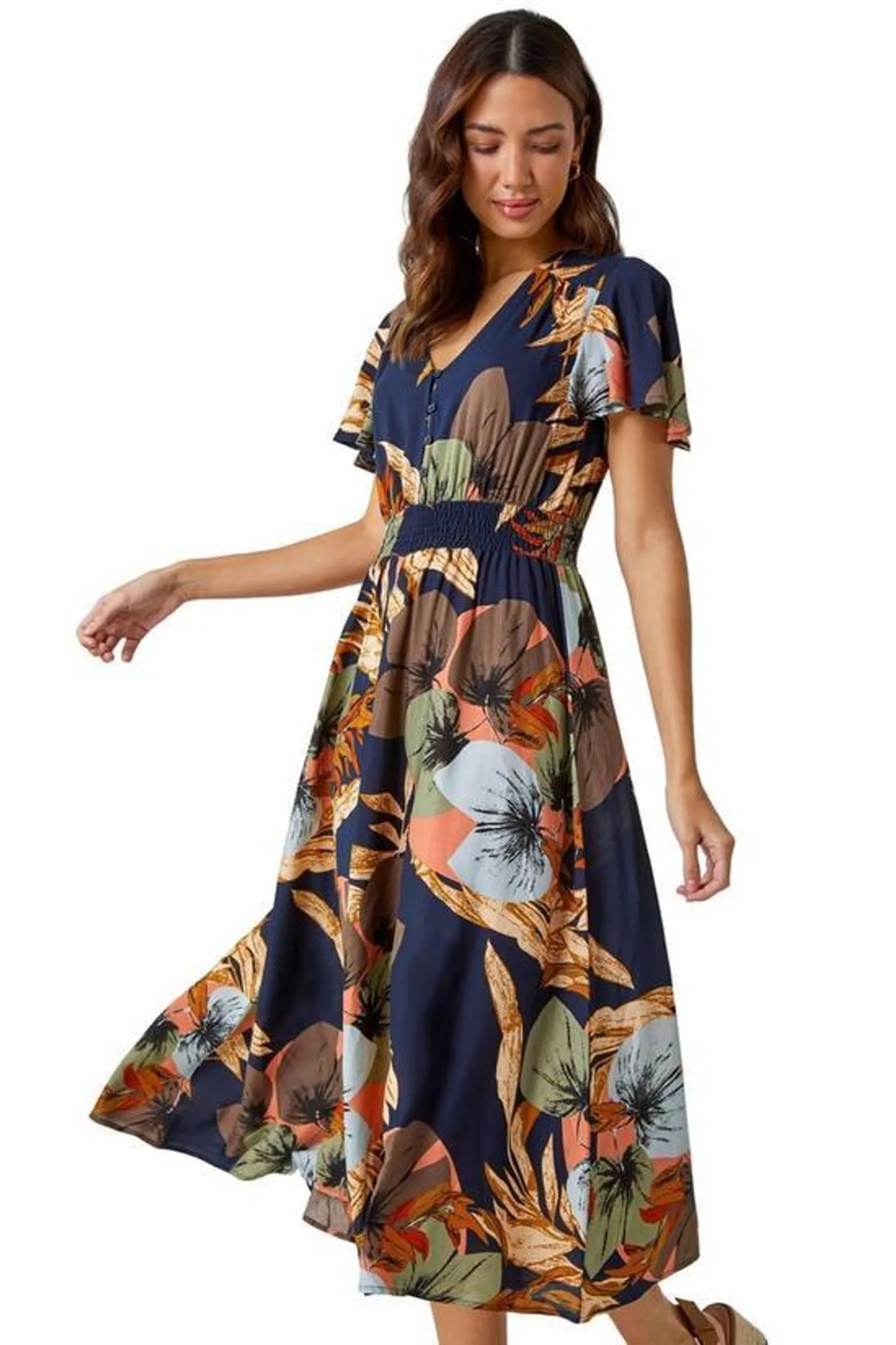 Angel Sleeve Floral Print Midi Dress