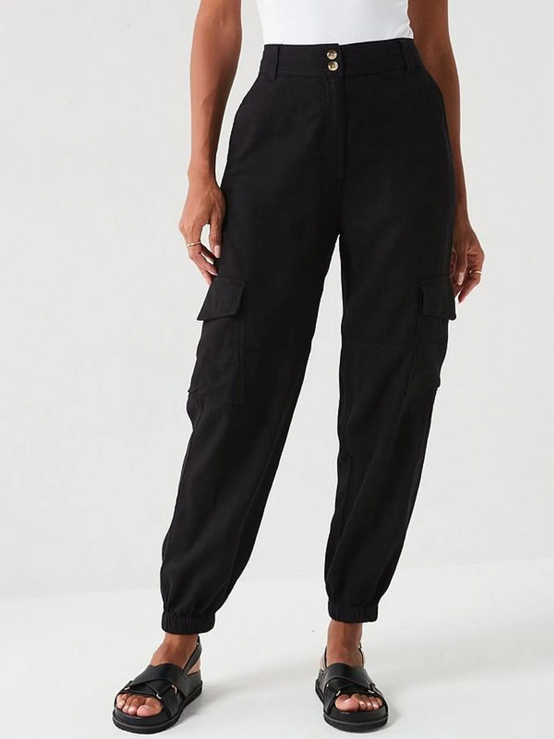 Cargo Linen Blend Cuffed Hem Trousers