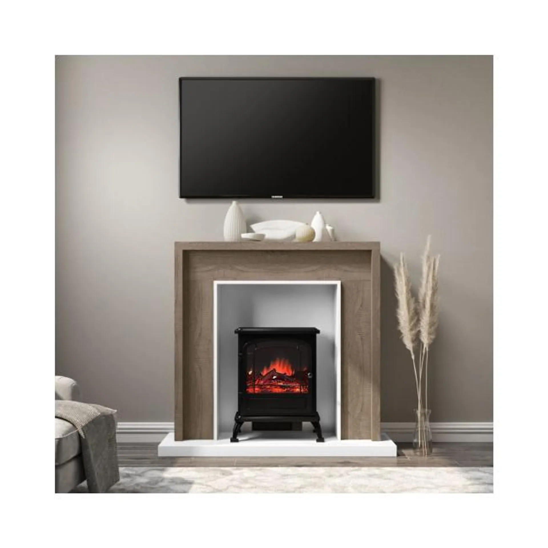 Oak Effect Freestanding Electric Fireplace Suite with Black Stove- AmberGlo