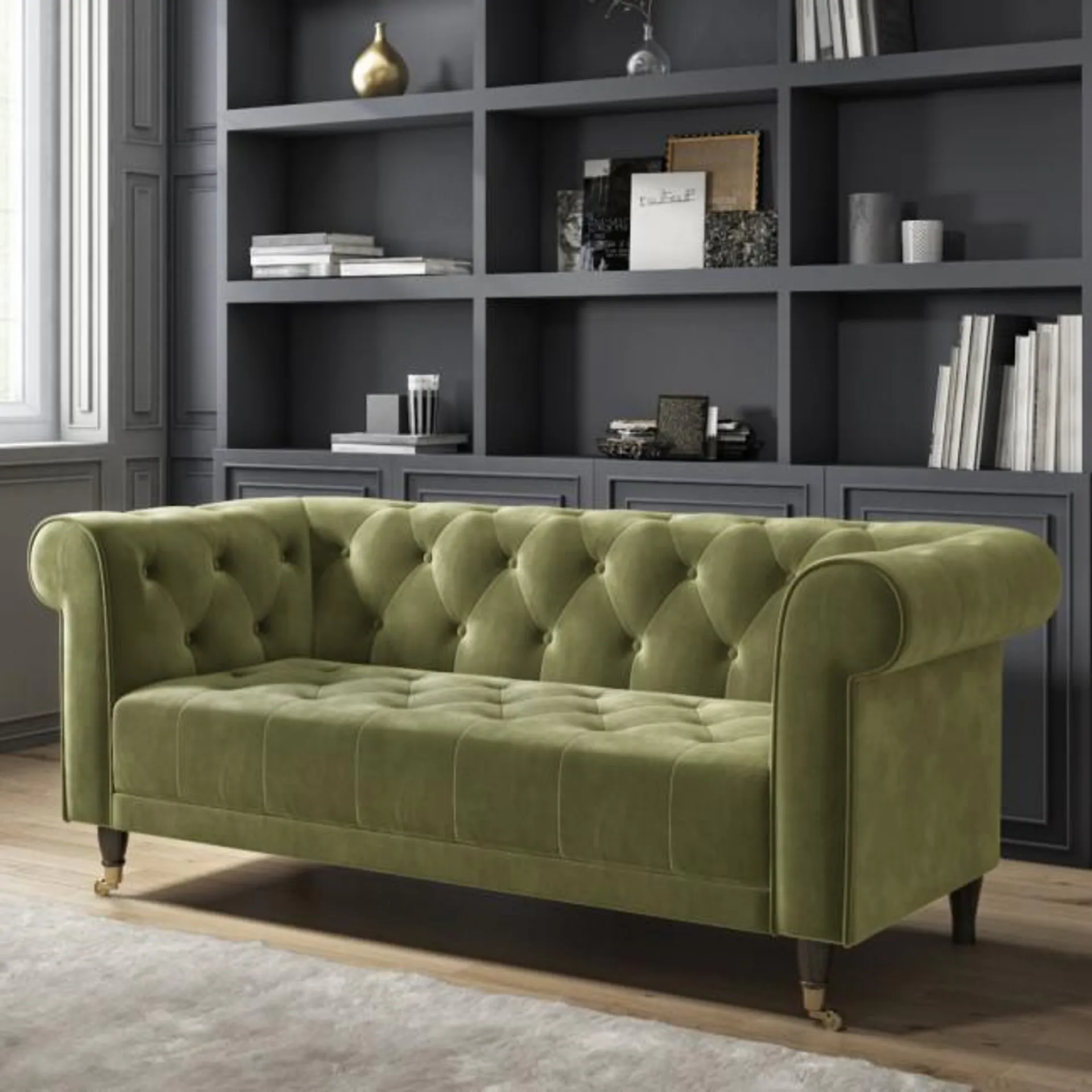 Olive Green Velvet Chesterfield 3 Seater Sofa - Ophelia