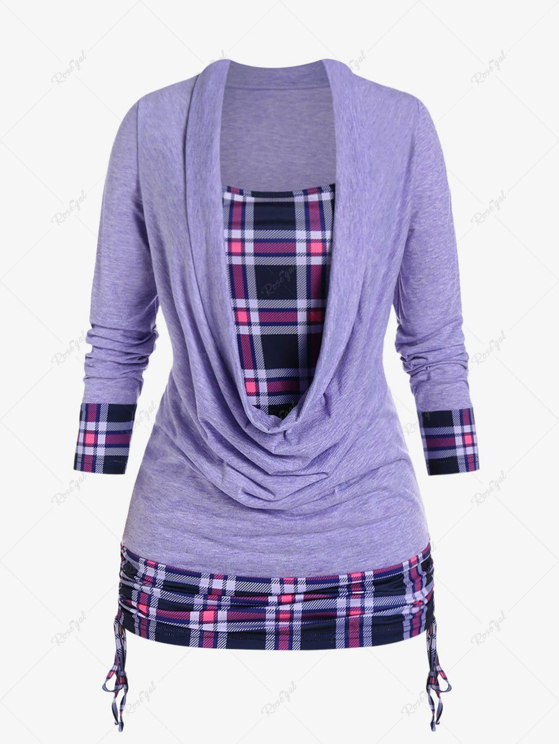 Plus Size Plaid Draped Cowl Cinched Ruched 2 in 1 Tee - M | Us 10