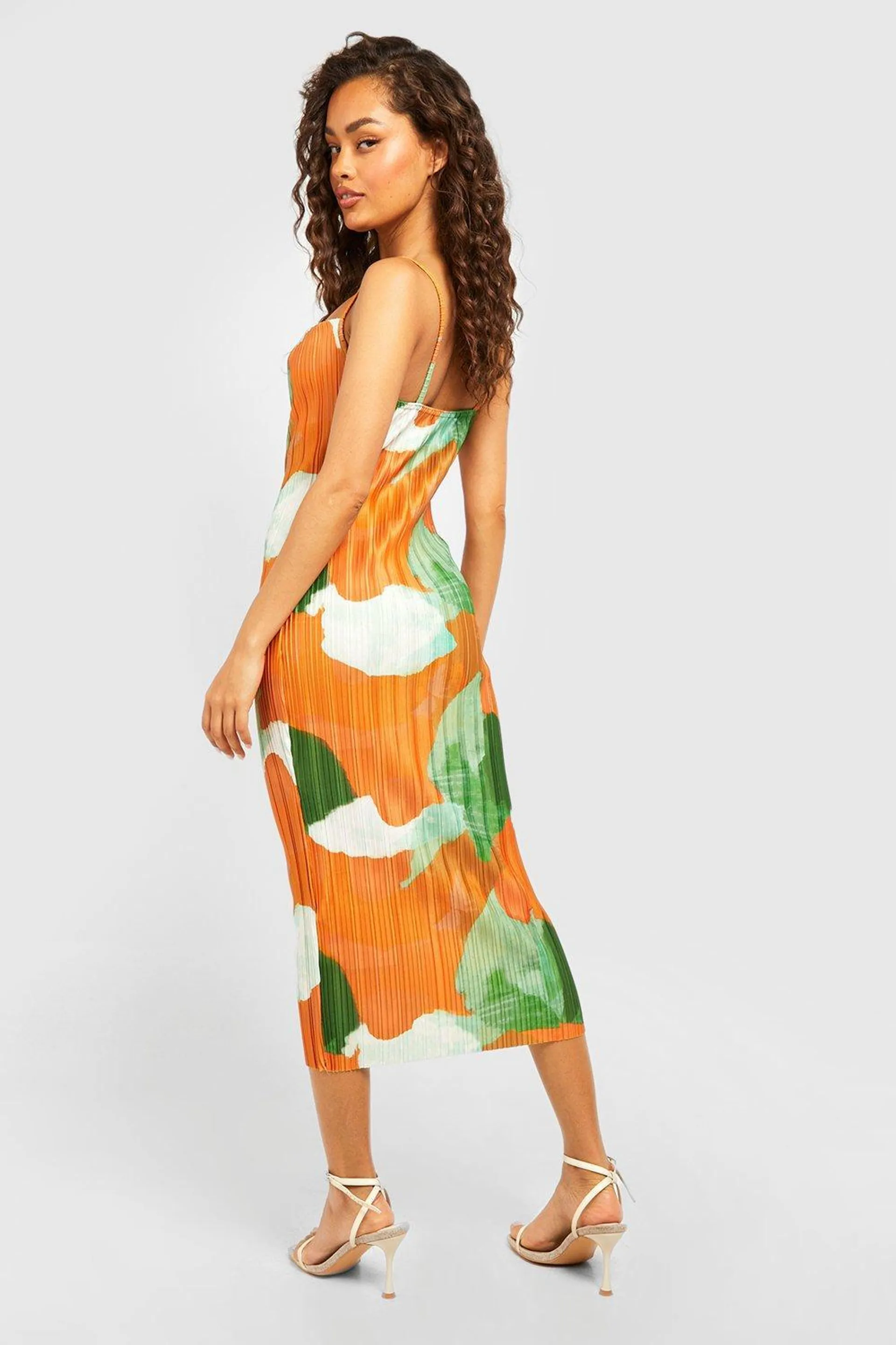 Tropical Plisse Strappy Midi Dress