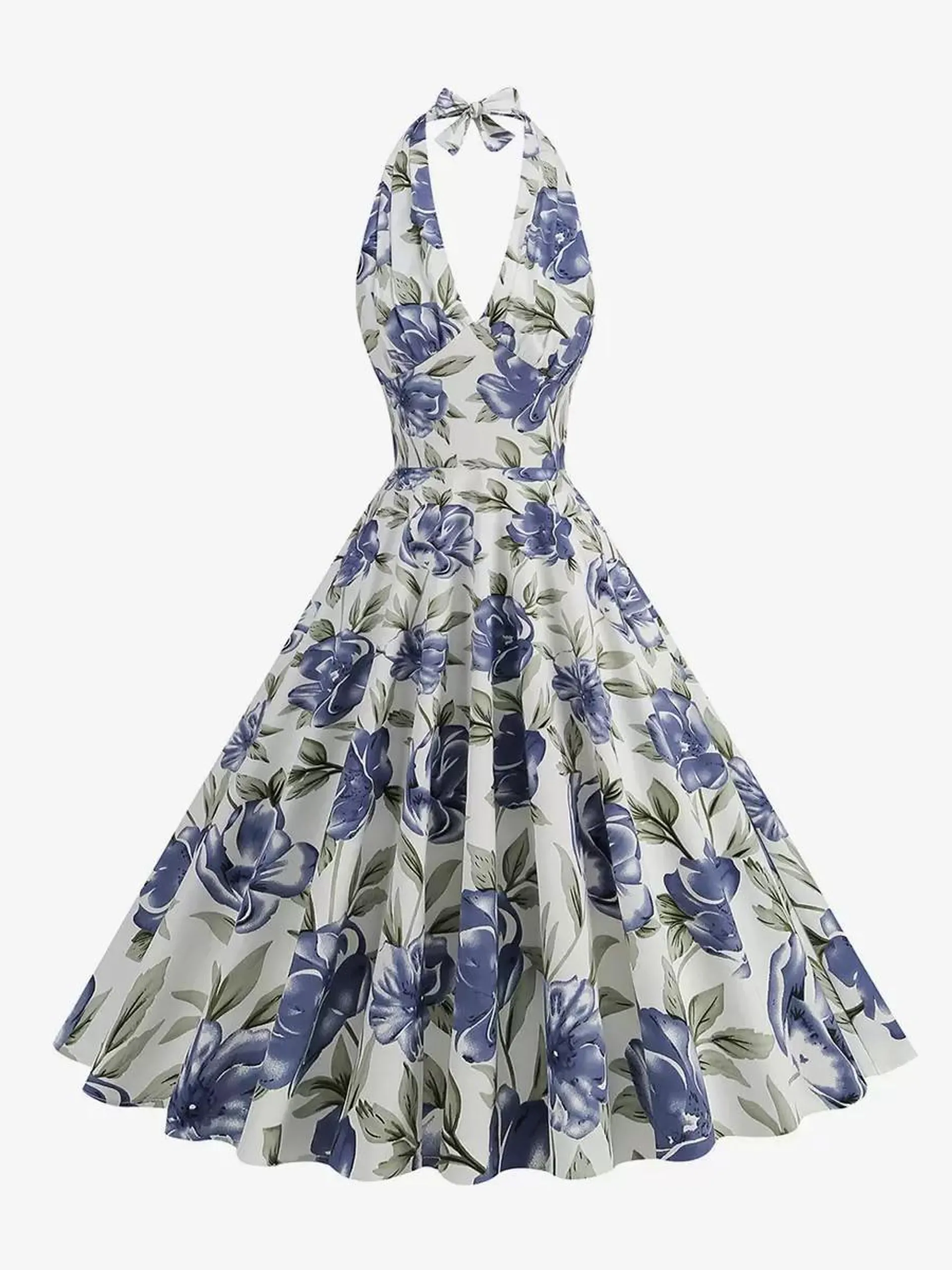 Vintage Dress Blue 1950s Audrey Hepburn Style Floral Print Backless Sleeveless Halter Medium Swing Dress