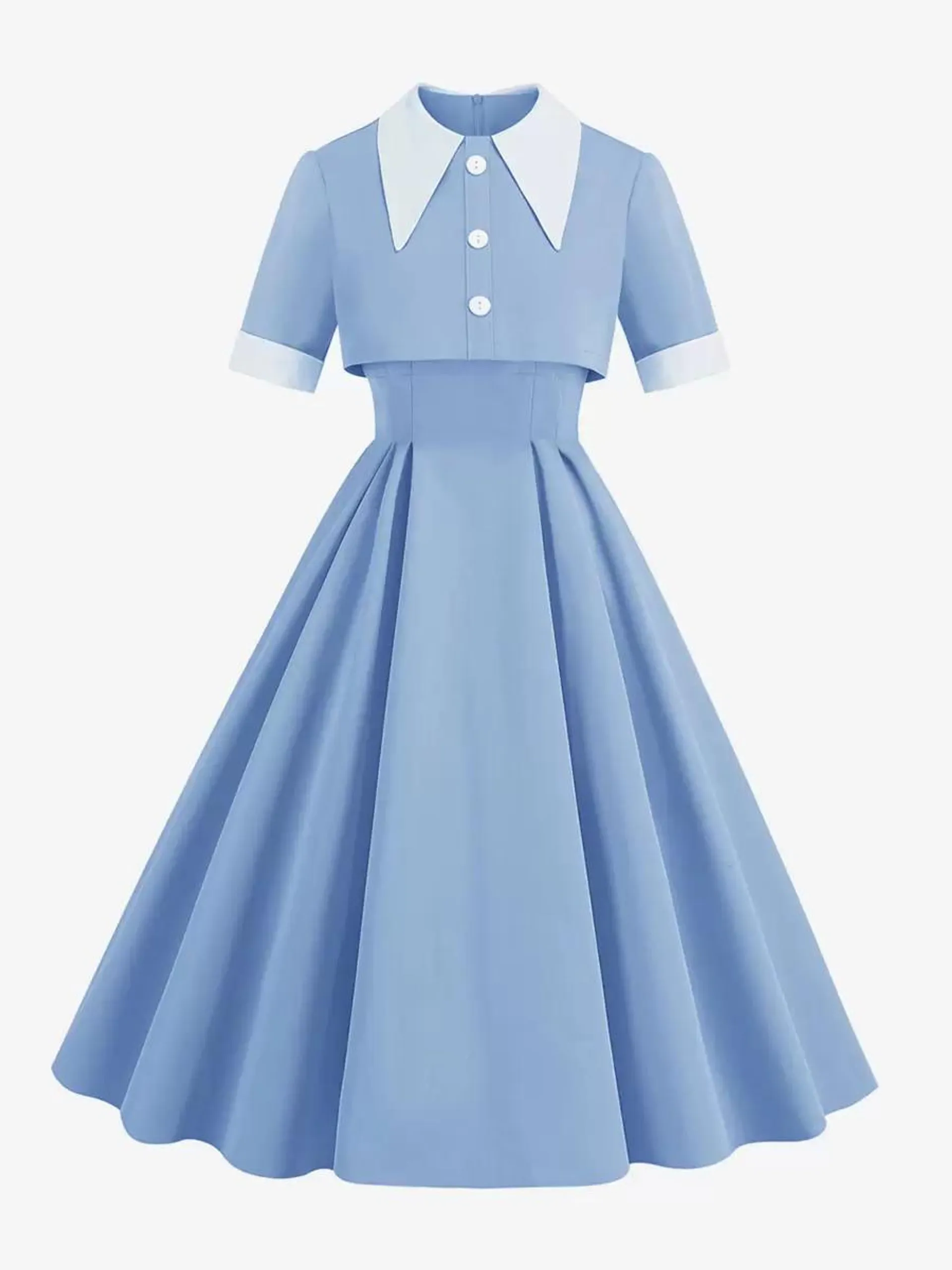 Retro Dress 1950s Audrey Hepburn Style Blue Two-Tone Buttons Short Sleeves Turndown Collar Medium Swing Dress