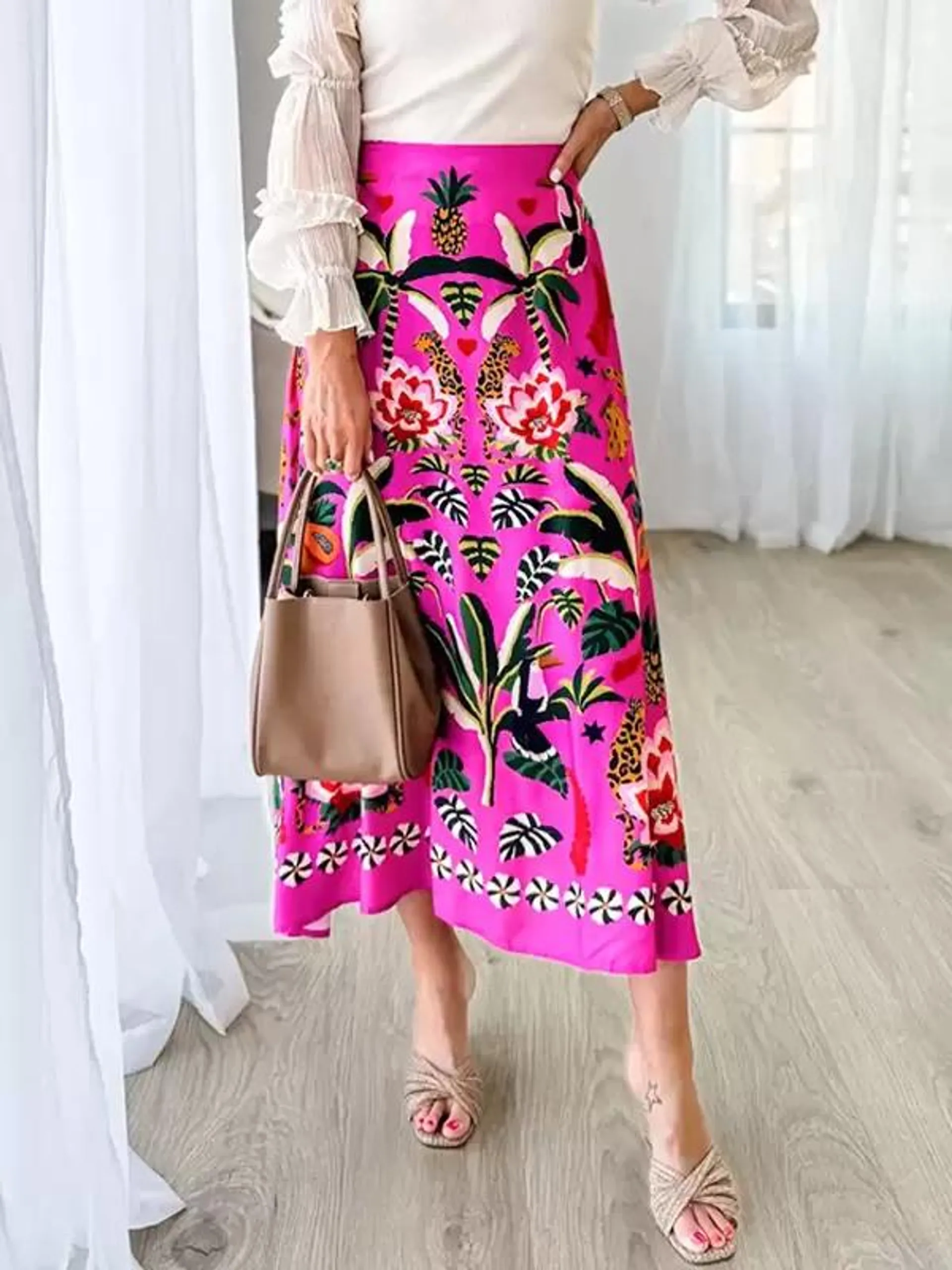 Skirts Rose Raised Waist Floral Print Polyester Chic Fall Long Women's Bottoms