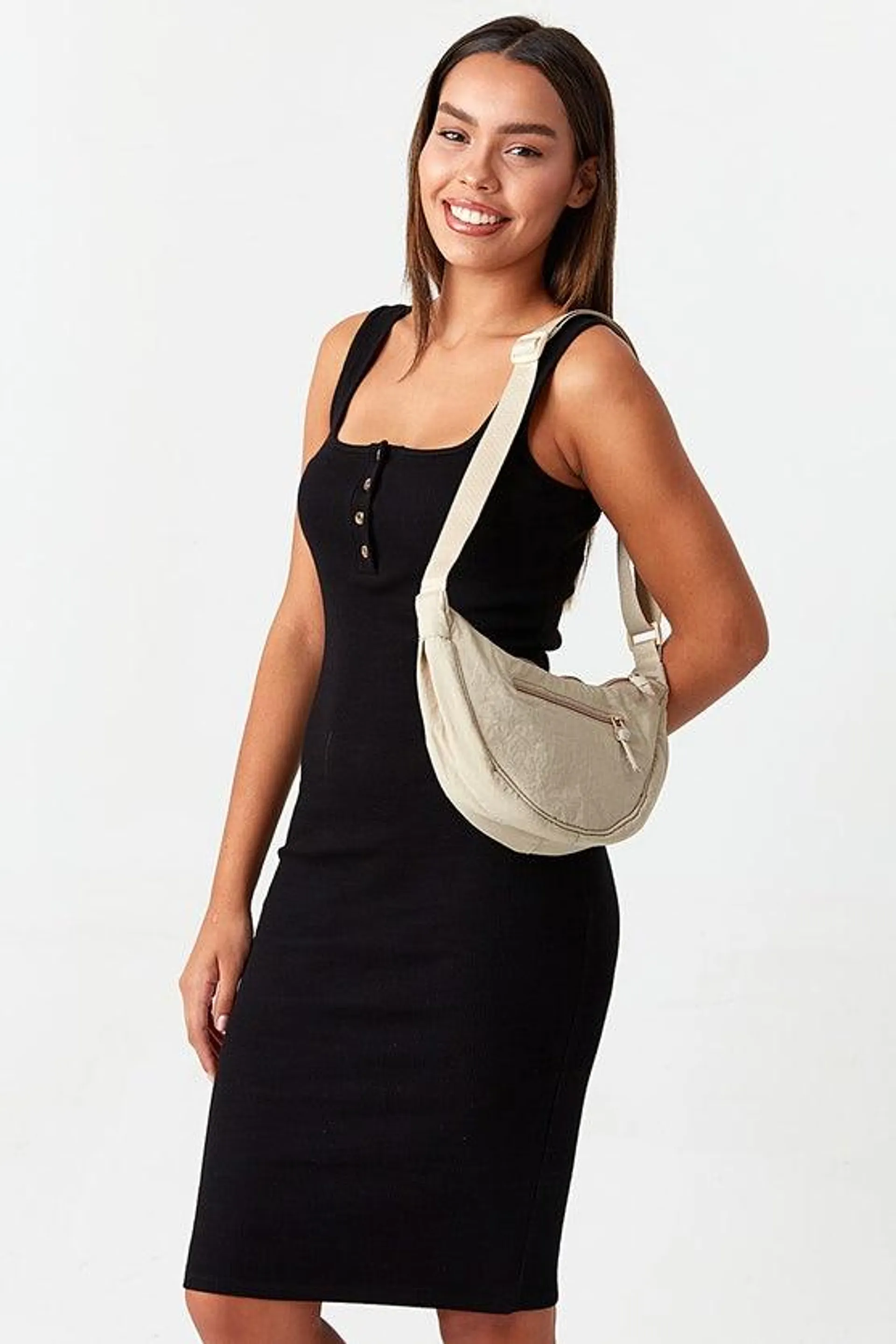 Cream Nylon Round Shoulder Bag