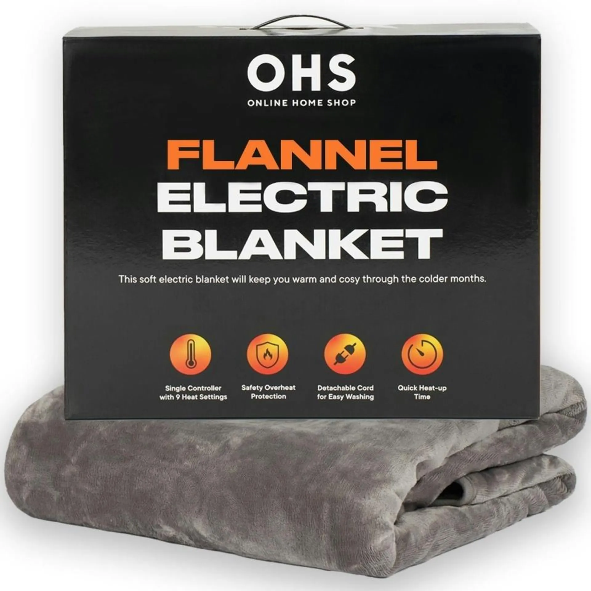 OHS Heated Electric Blanket Fleece Digital Fast Heat 9 Settings, 130x160cm - Charcoal