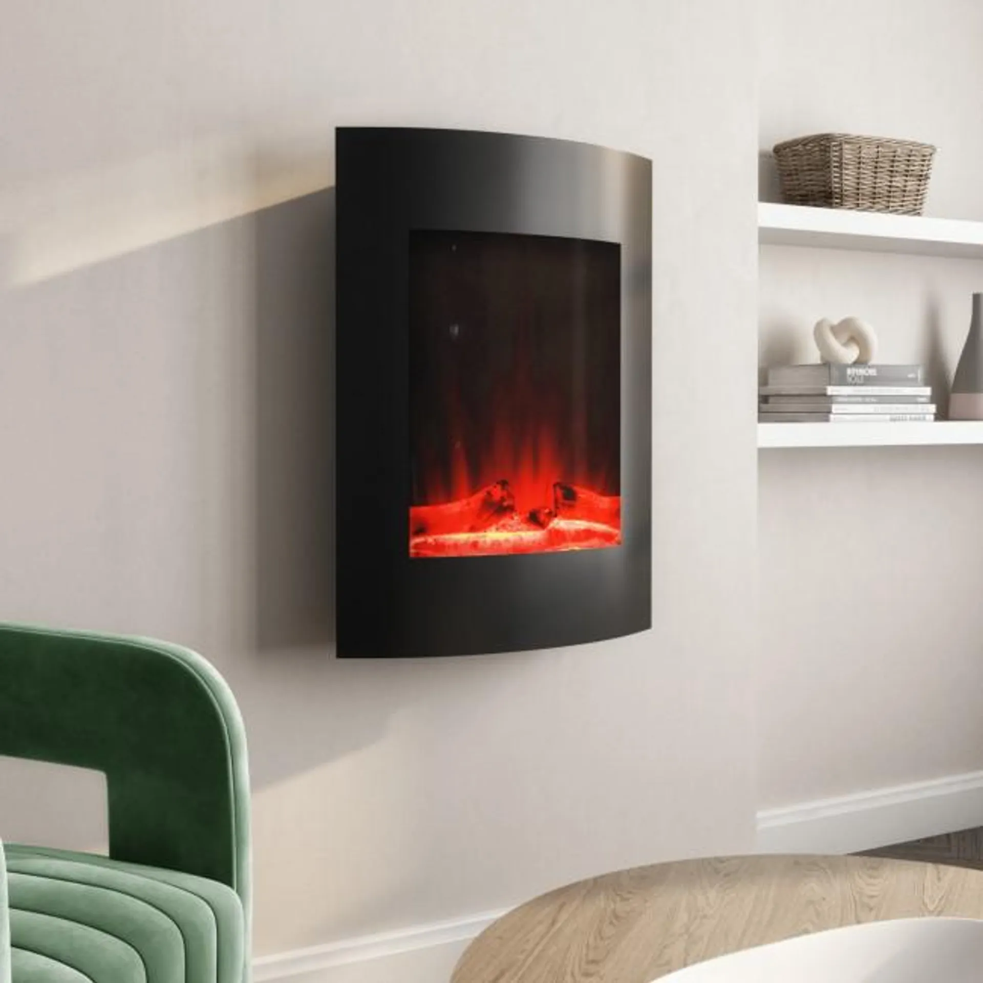 Black Vertical Curved Wall Mounted Electric Fire with LED Lights - AmberGlo