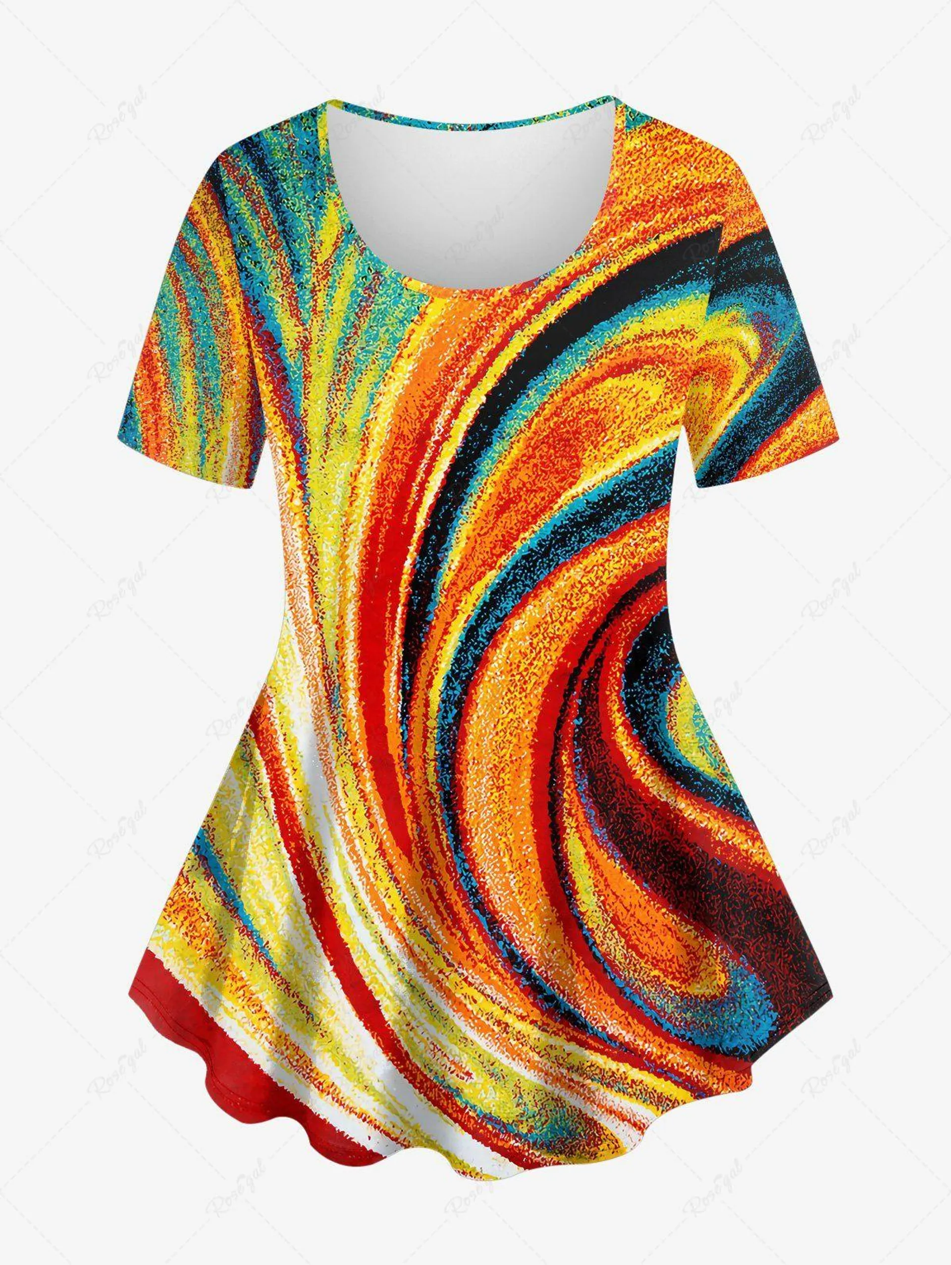 Plus Size Oil Painting Stripes Colorblock Swirls Print T-shirt - 2x