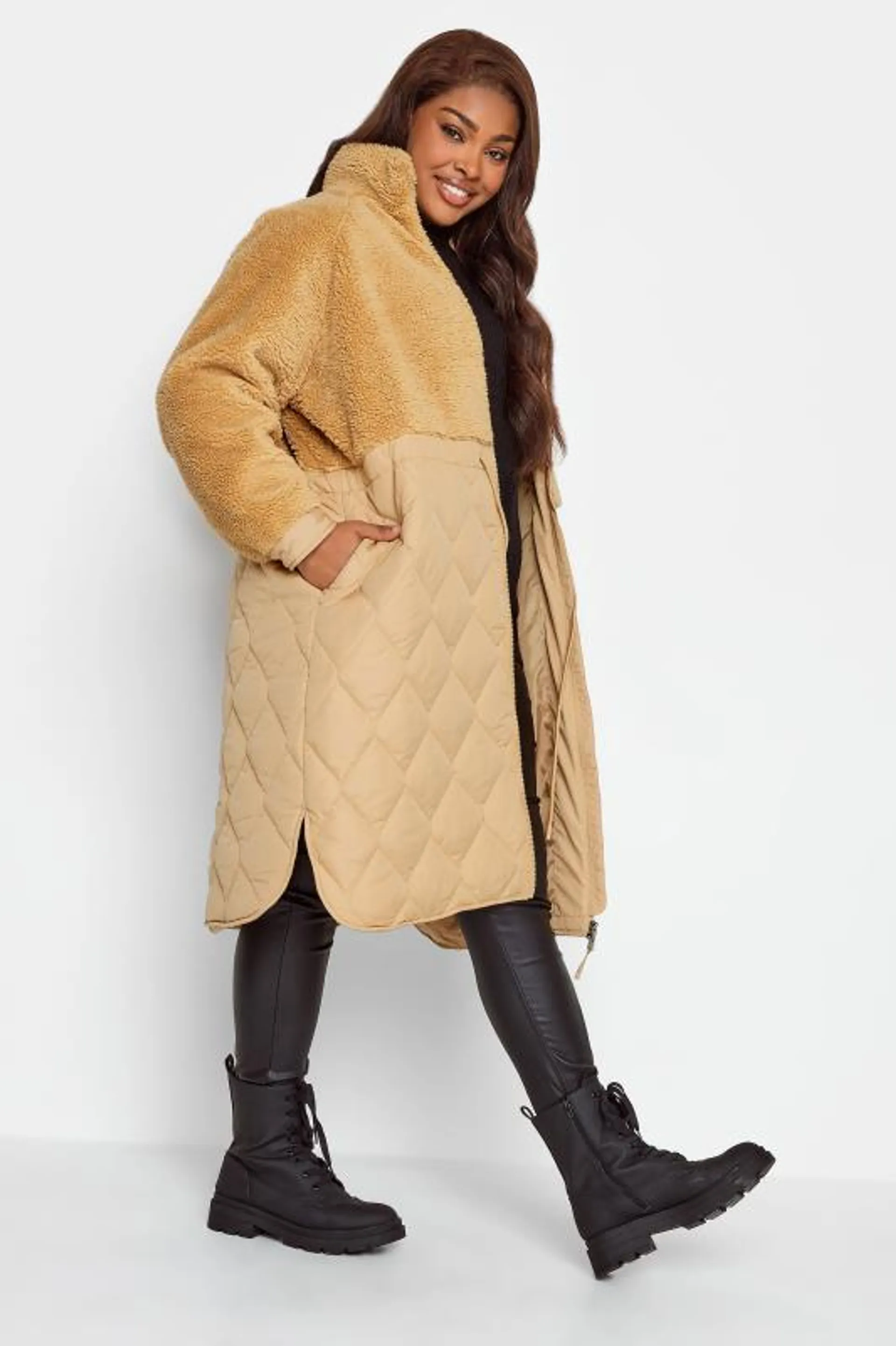 YOURS Curve Beige Brown Quilted Teddy Coat