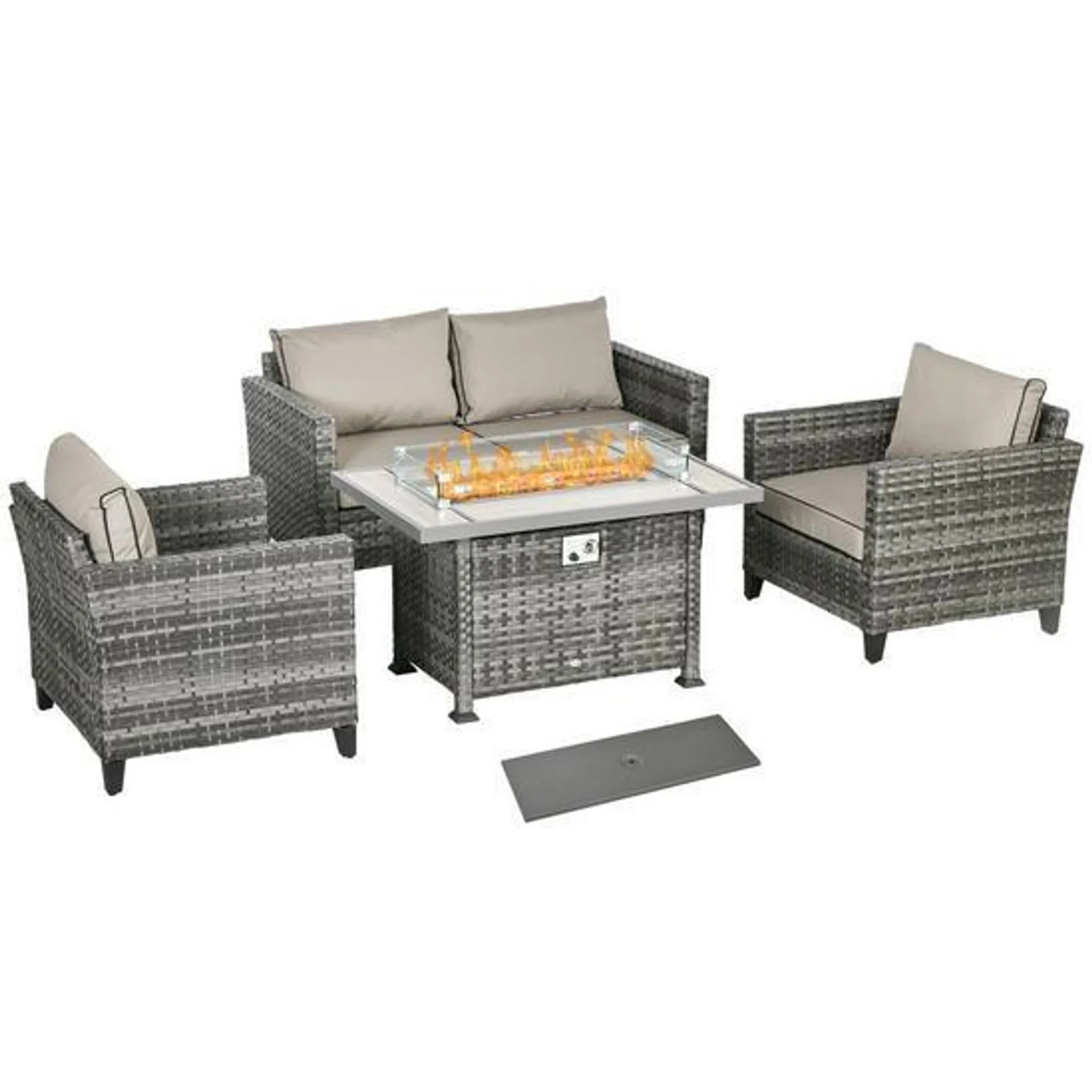 5 Pieces Rattan Garden Furniture Set with Gas Fire Pit Table, Cushion