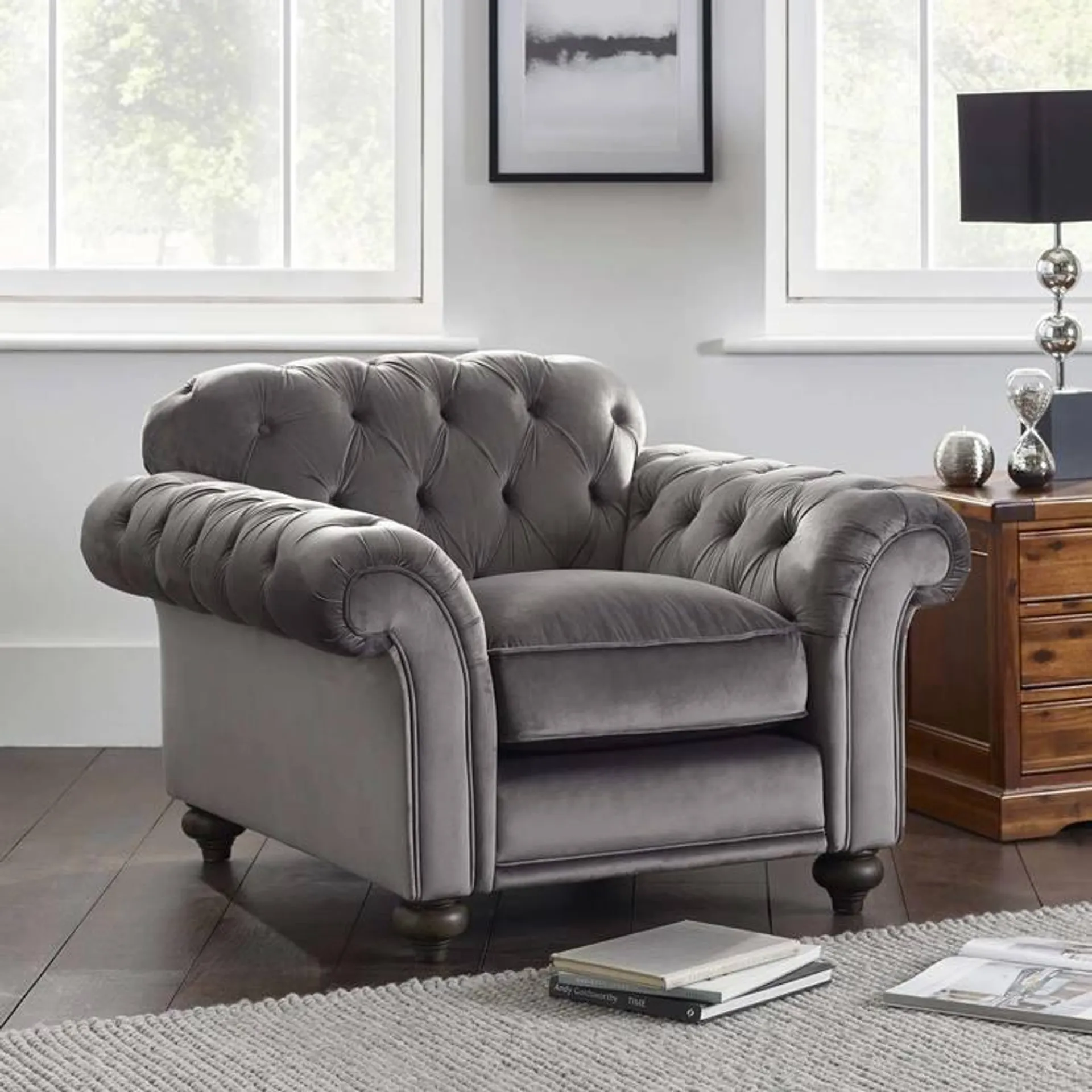 Bordeaux Button Back Grey Velvet Armchair