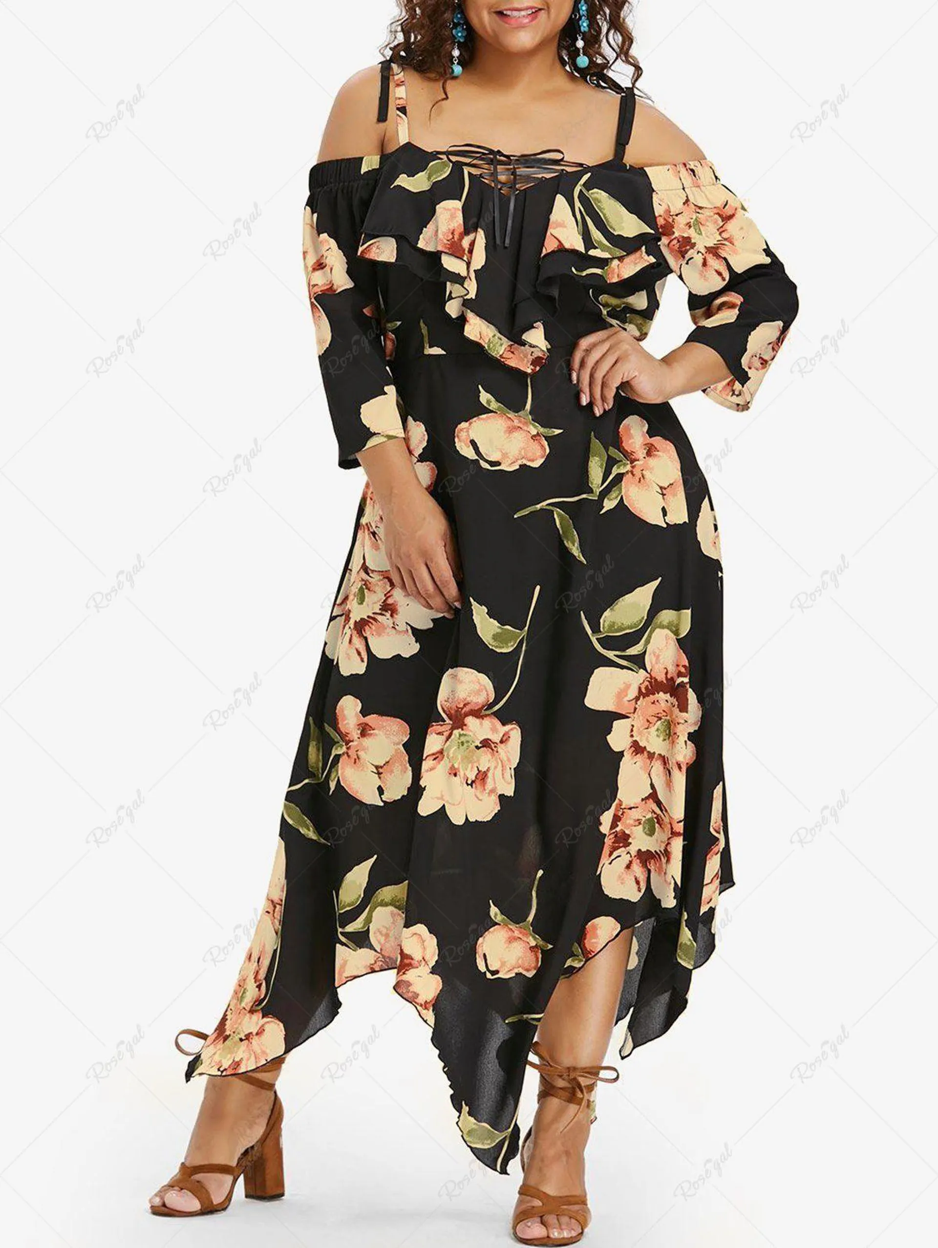 Plus Size Flower Print Lace Up Cold Shoulder Handkerchief Dress - 3x | Us 22-24