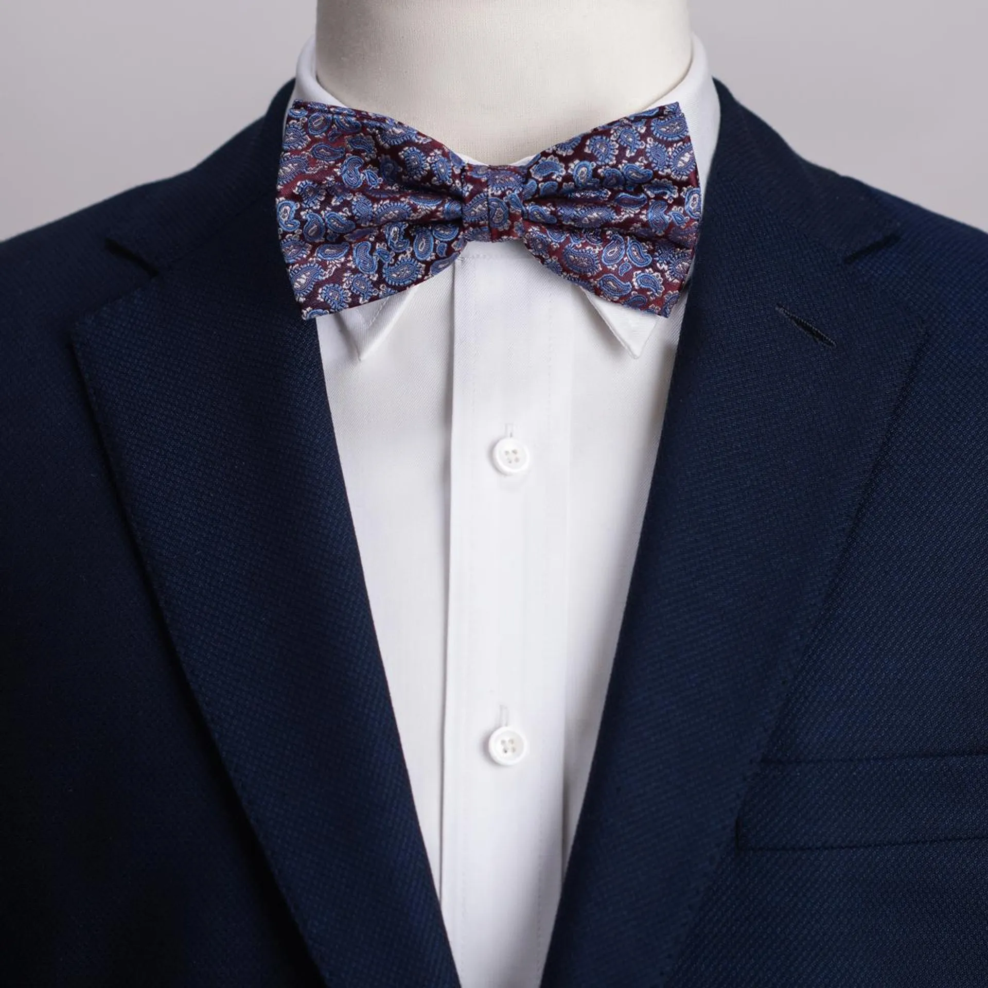 Wine & blue paisley bow tie