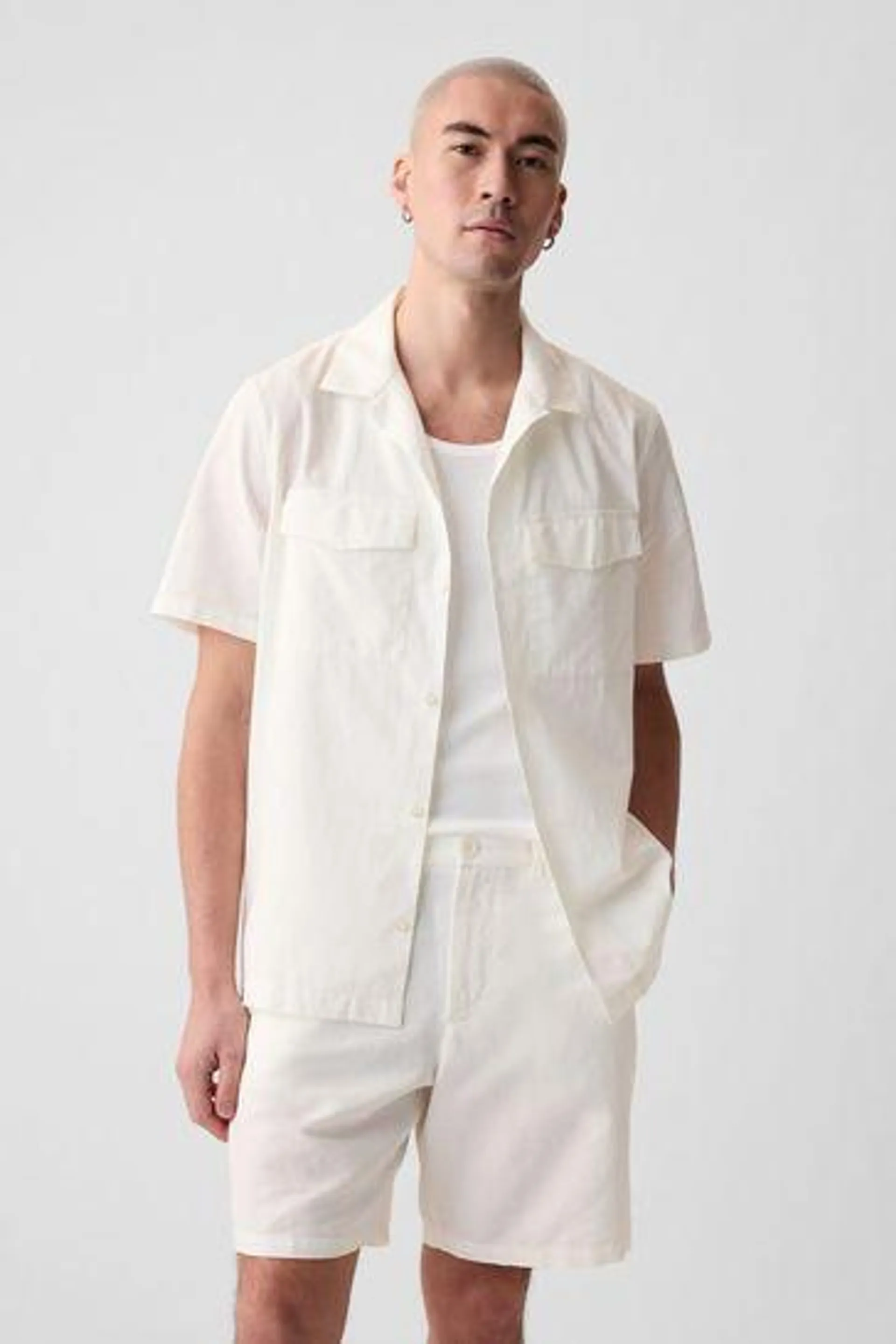 Linen Cotton Short Sleeve Utility Shirt