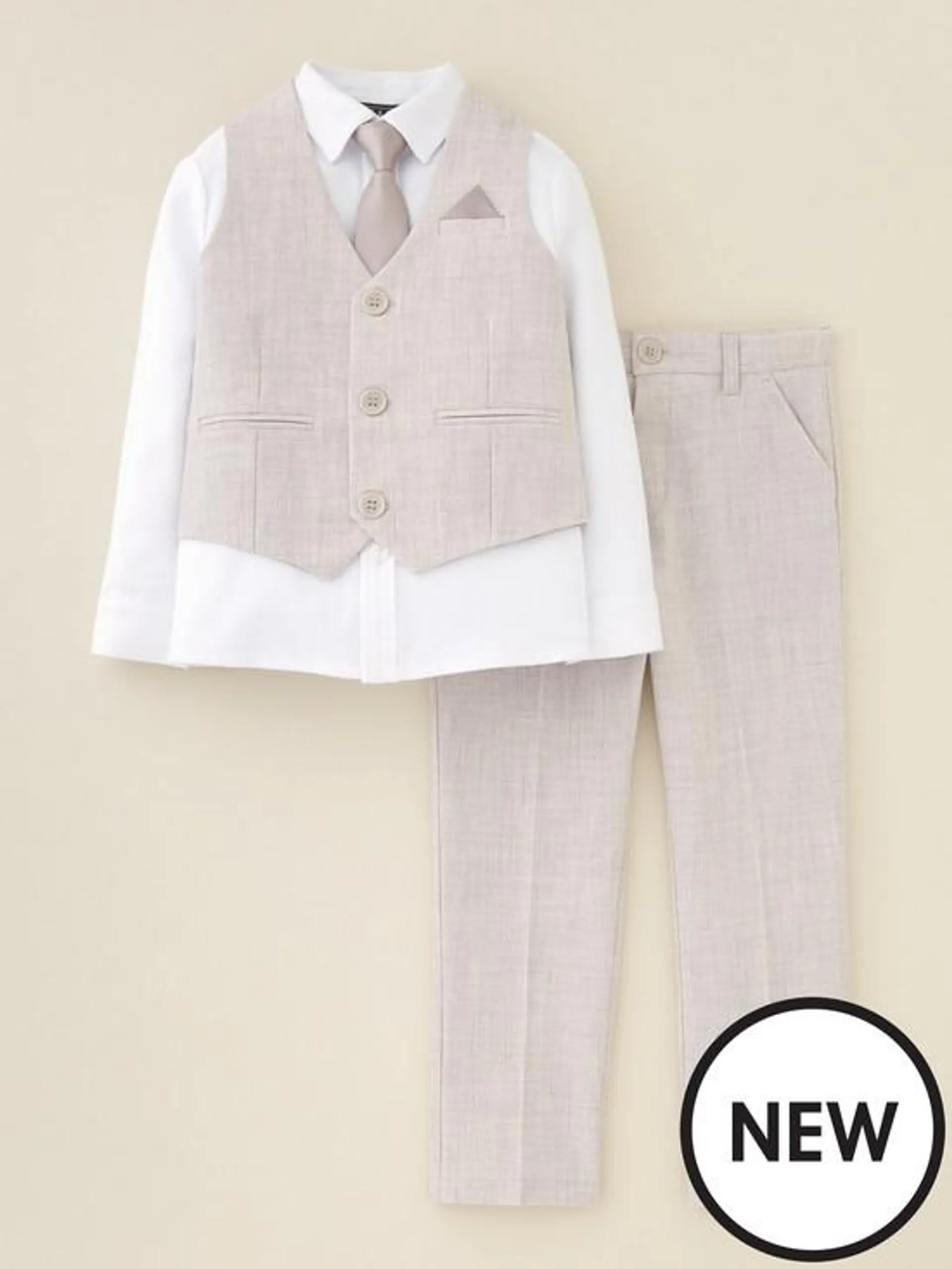 Boys Trouser, Waistcoat, Long Sleeve Shirt and Tie Set - Stone