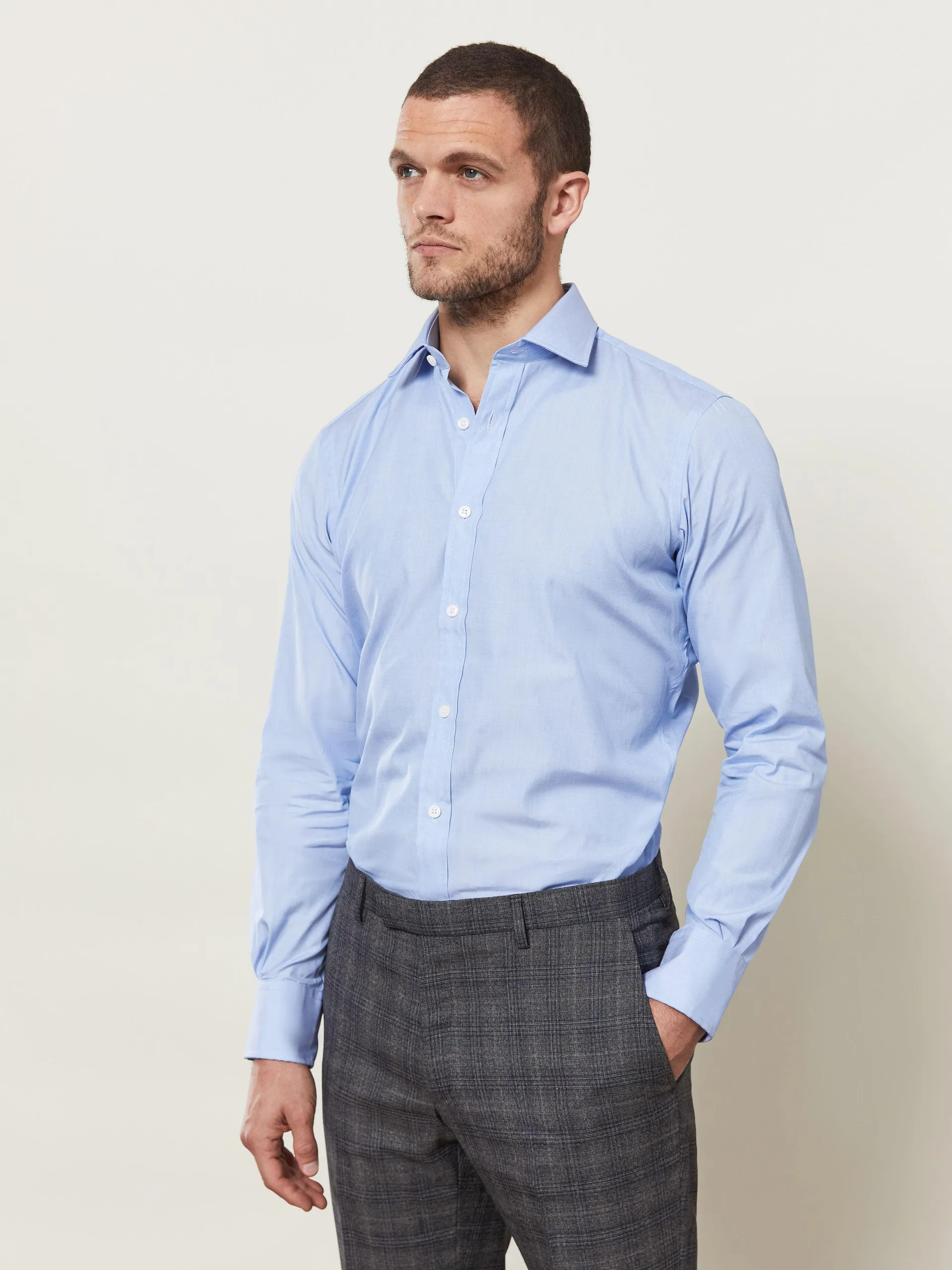 Slim Fit Blue End-on-End Button Cuff Shirt