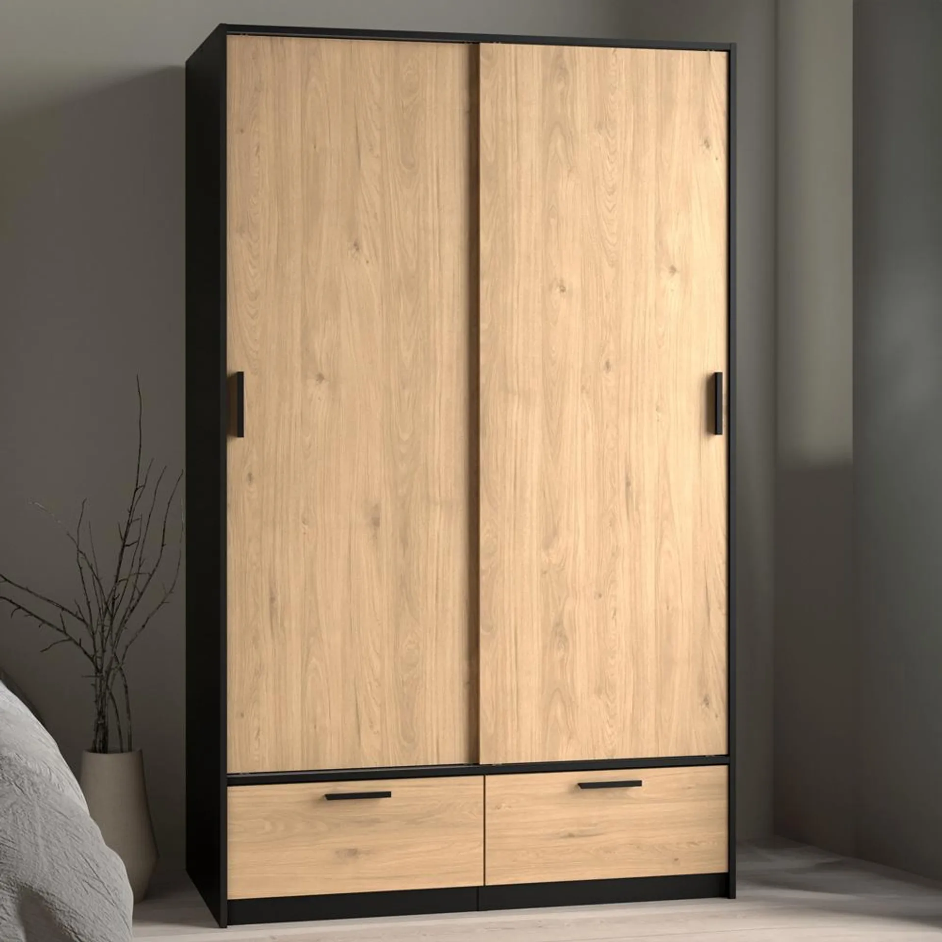 Florence Line 2 Door 2 Drawer Black and Jackson Hickory Oak Wardrobe