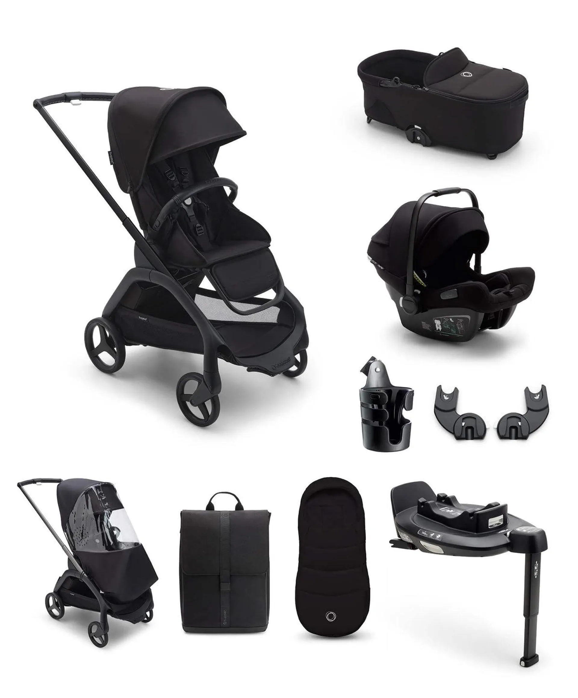 Bugaboo Dragonfly Ultimate 9 Piece Bundle with Nuna Turtle Air 360 Car Seat and Base - Midnight Black