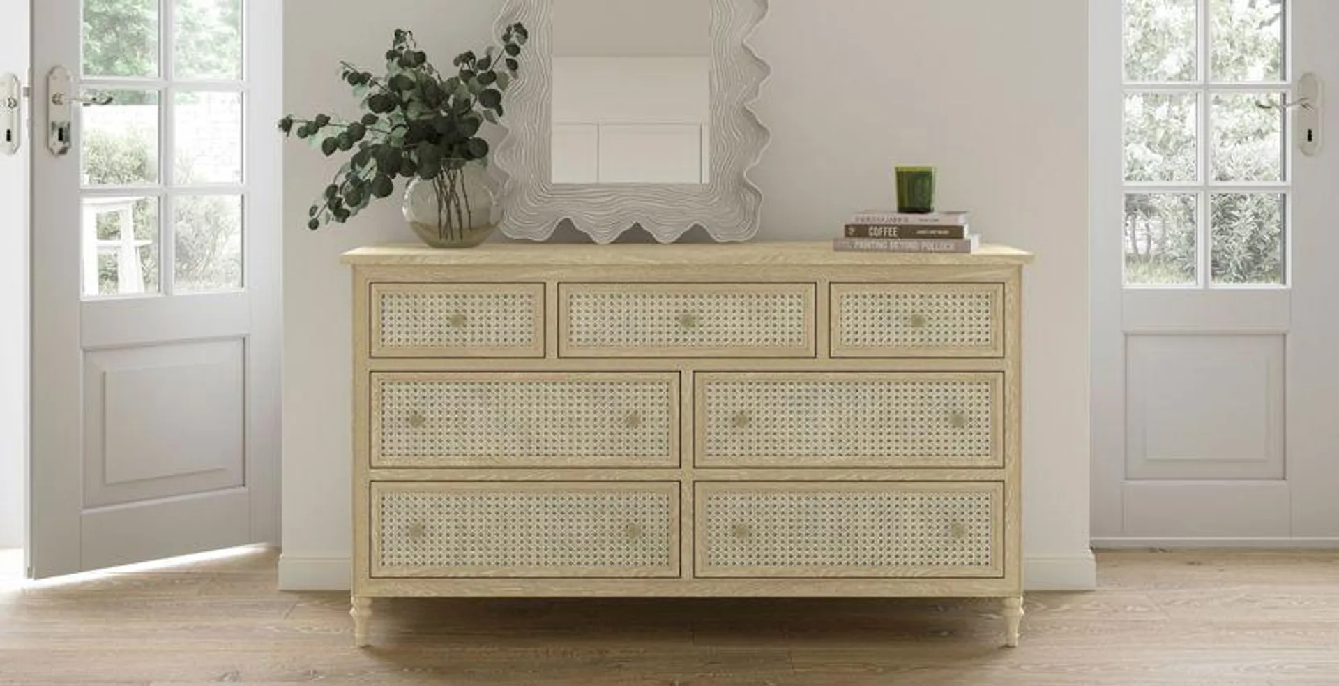 Light Vintage Rattan 7 Drawer Wide Chest