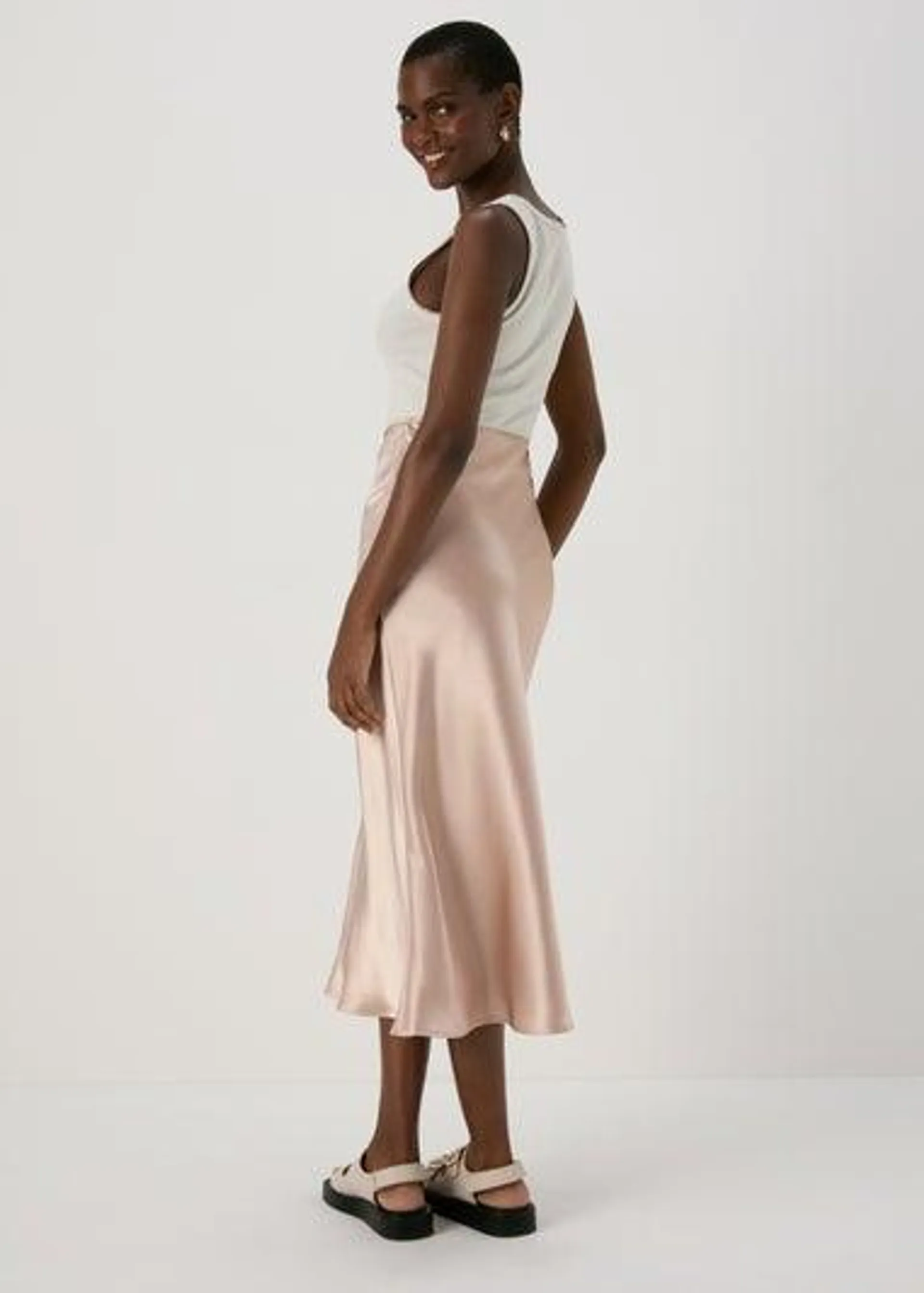 Champagne Satin Midi Skirt