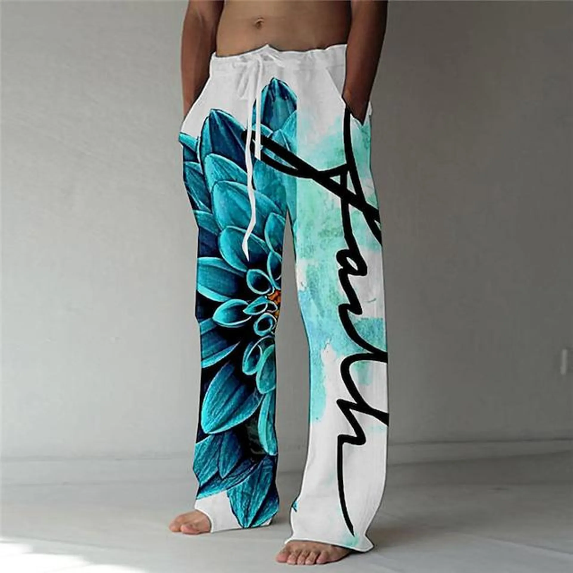 Men's Trousers Summer Pants Beach Pants Elastic Drawstring Design Front Pocket Straight Leg Graphic Prints Flower / Floral Comfort Soft Casual Daily For Vacation Fashion Designer Navy Blue Blue