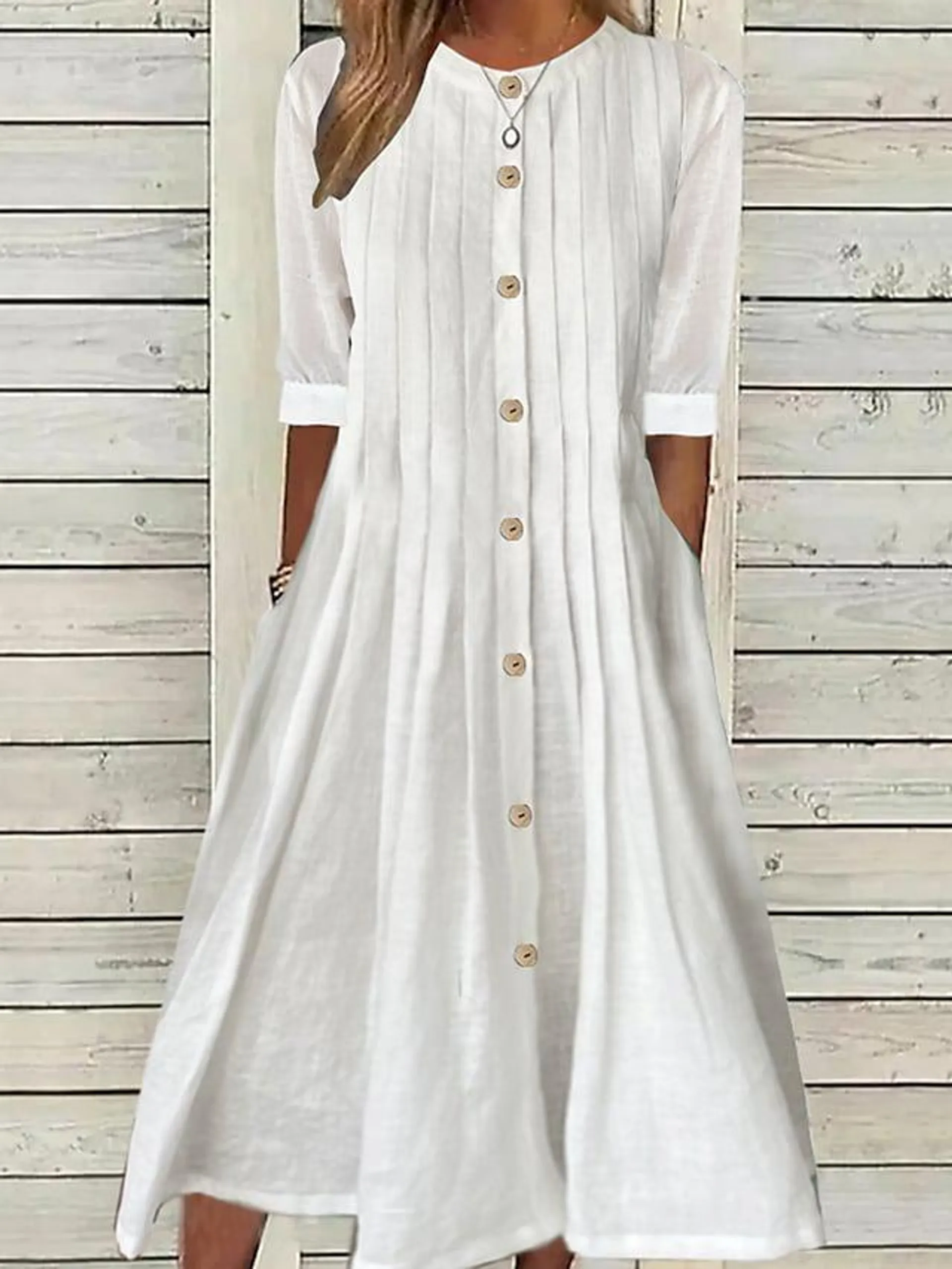 Women's Cotton Linen Dress Swing Dress Midi Dress Cotton And Linen Fashion Modern Daily Vacation Crew Neck Pleated Button Half Sleeve Summer Spring Fall 2023 Regular Fit White Pure Color S M L XL 2XL