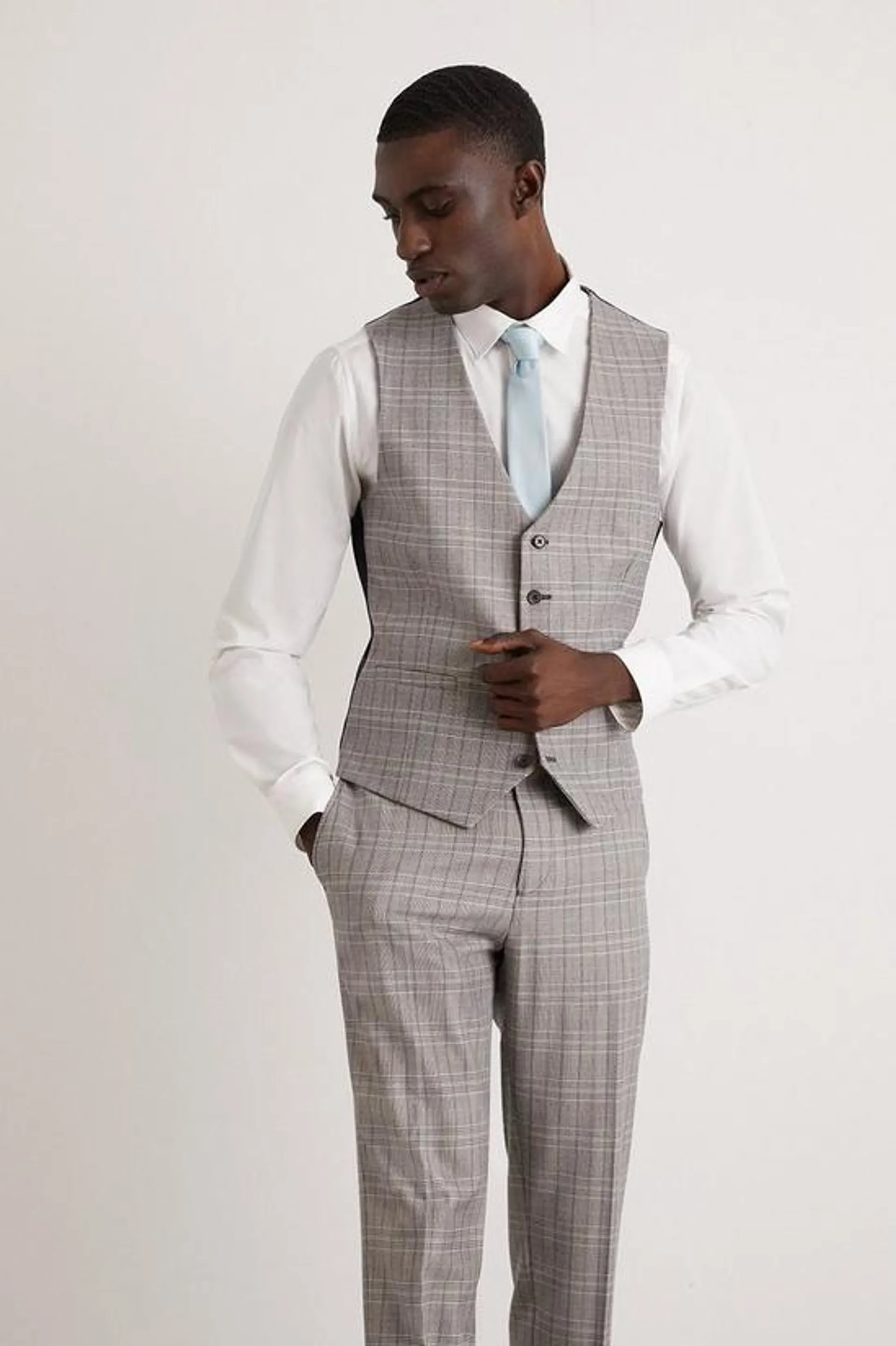 Skinny Fit Grey Blue Pow Check Waistcoat