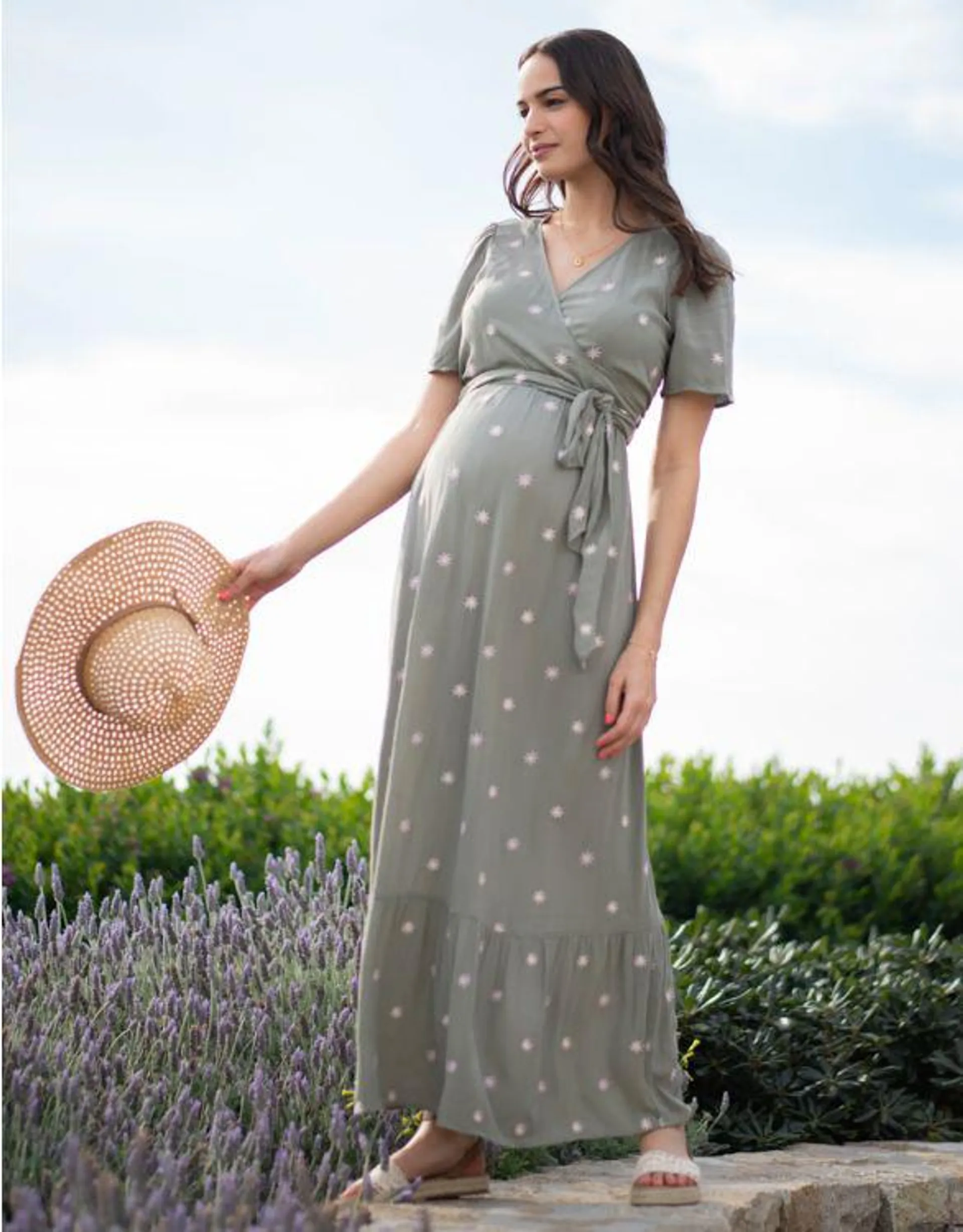 Khaki Woven Maternity & Nursing Maxi Dress