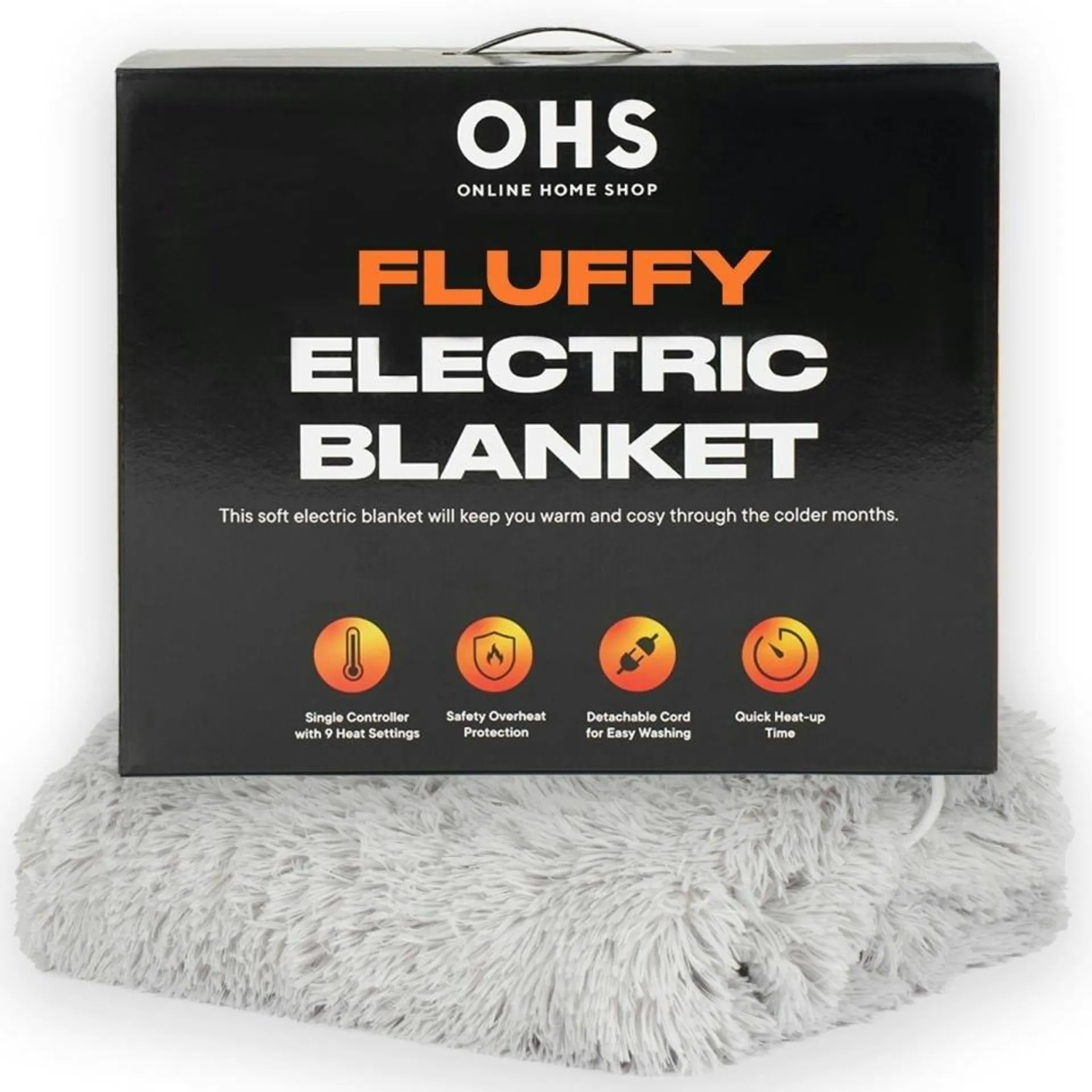 OHS Electric Blanket Heated Fluffy Fleece Remote Control Digital Heat Settings, 130x160cm - Grey