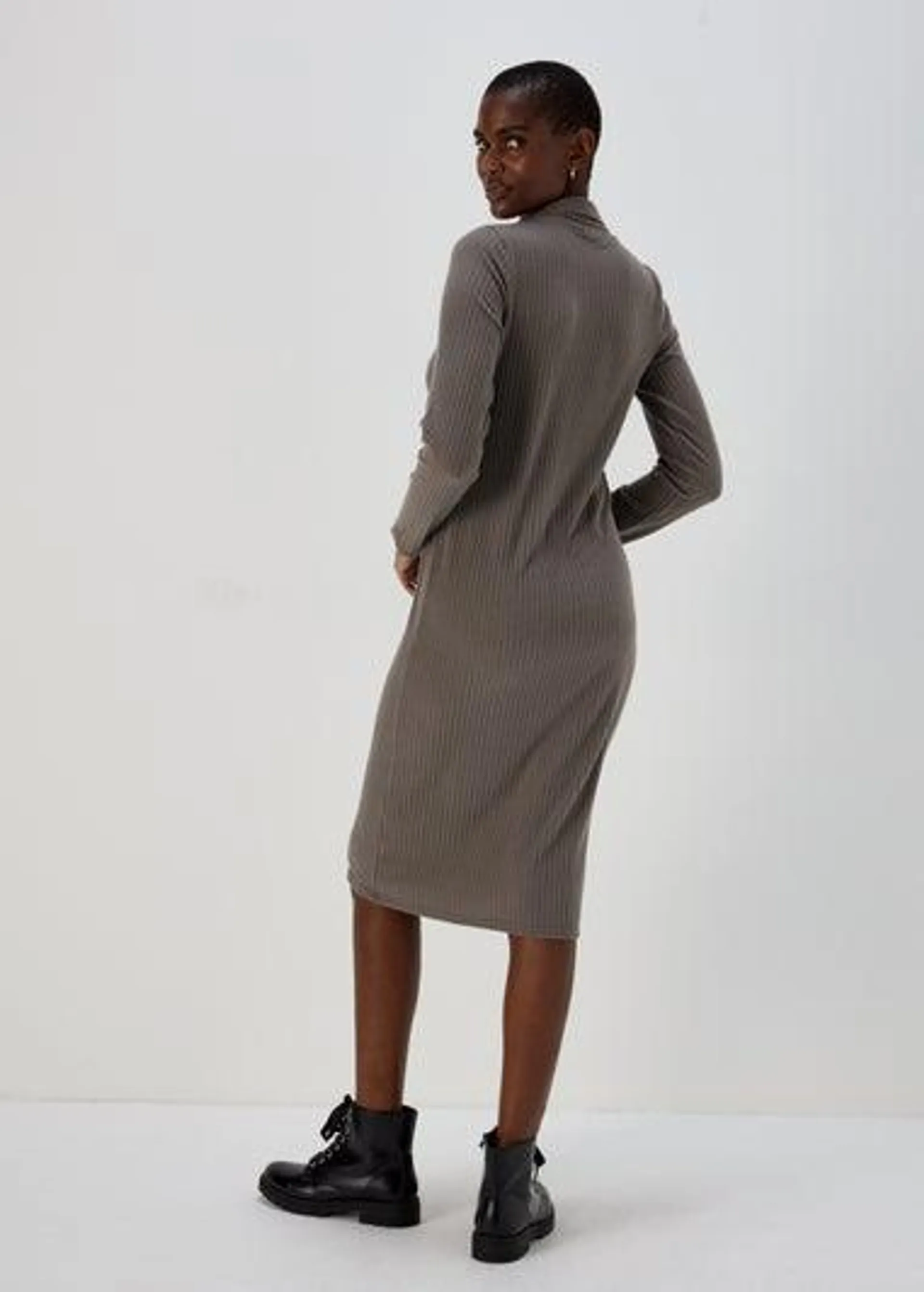 Grey Knitted Collared Midi Dress - Size 8