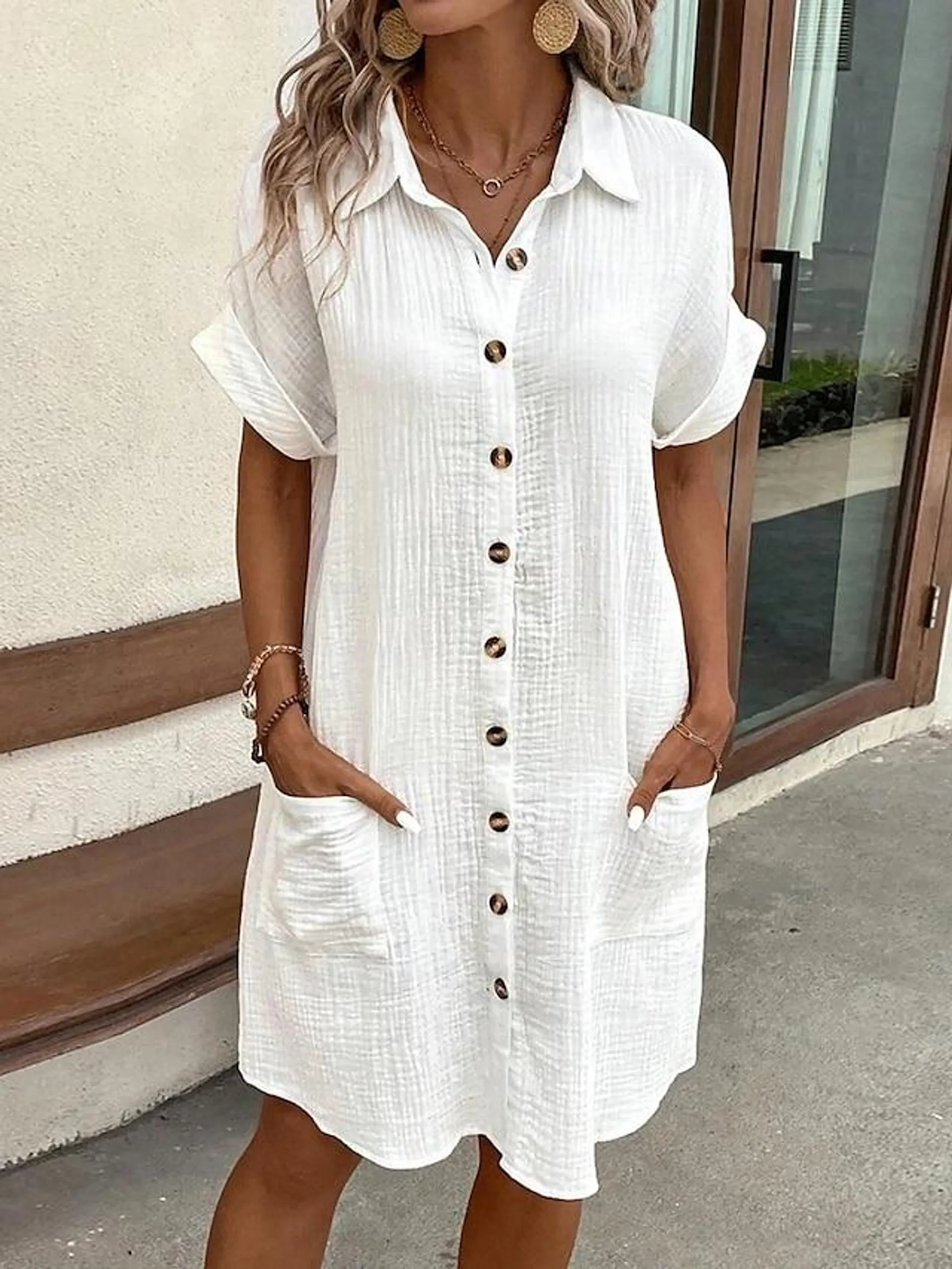 Women's Shirt Dress Mini Dress Button Pocket Vacation Casual V Neck Short Sleeve Black White Yellow Color