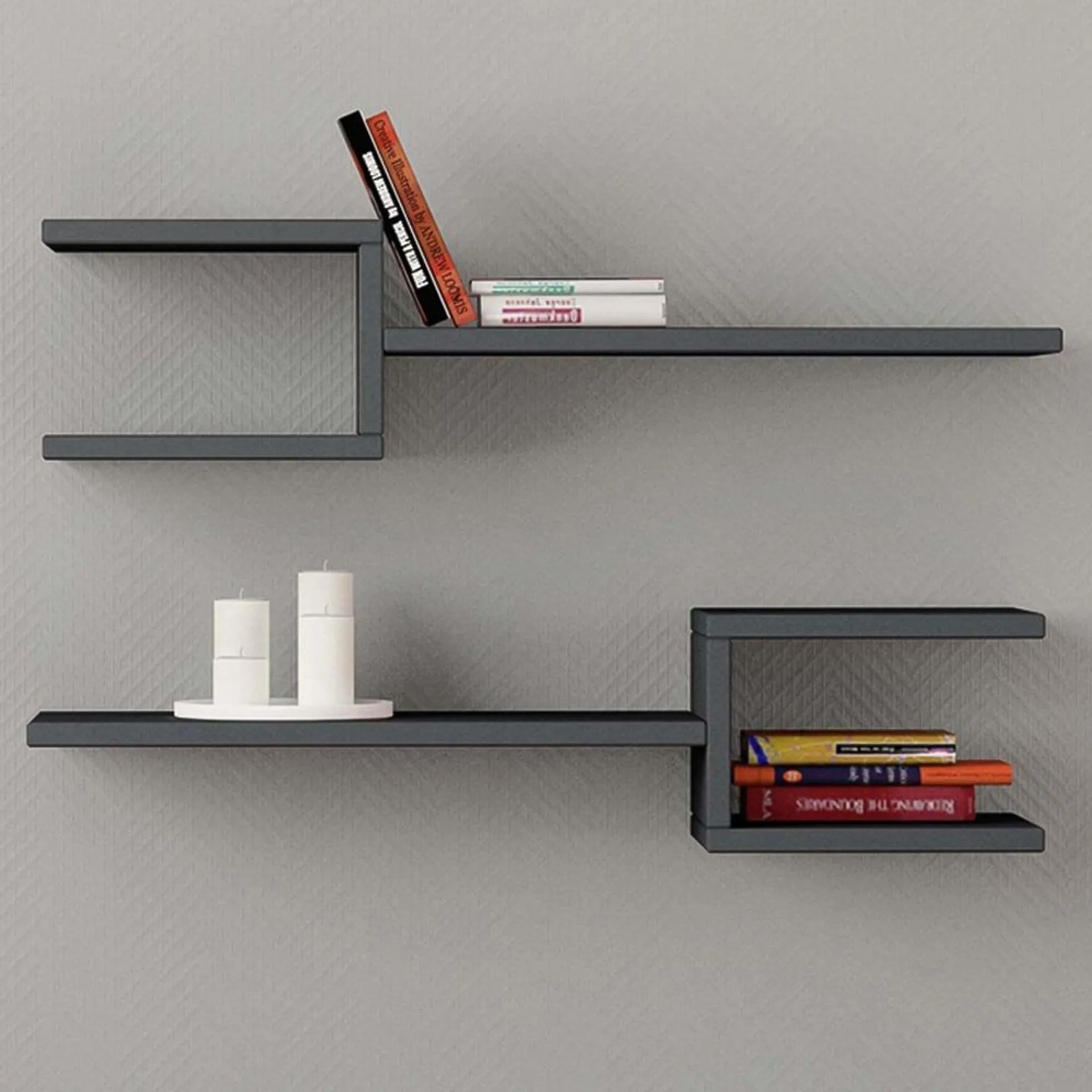 Decortie Fork Anthracite Wall Mounted Floating Shelf Set