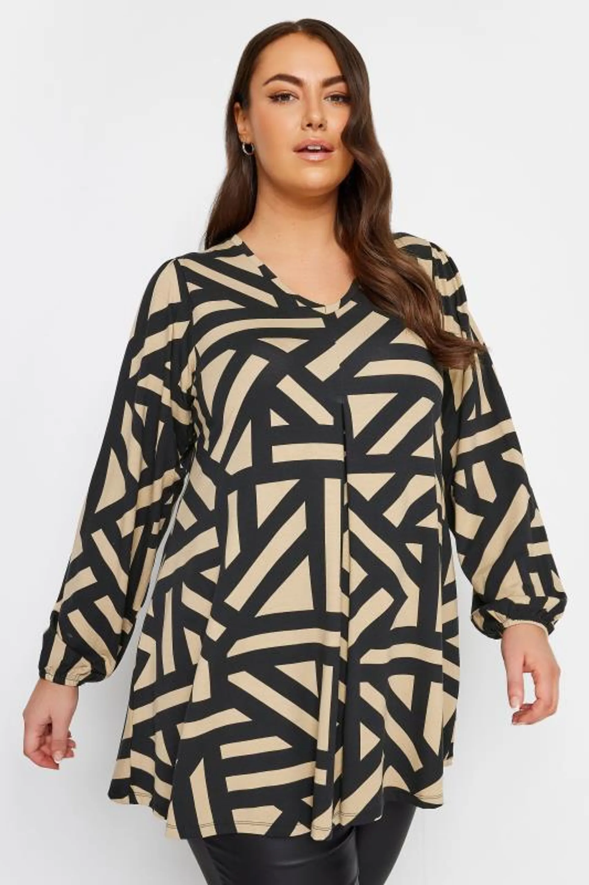 YOURS Curve Brown Geometric Print Balloon Sleeve Top