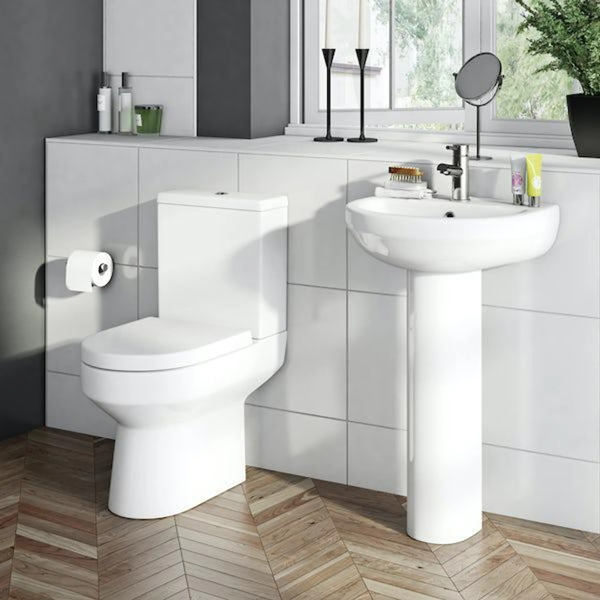 Orchard Wharfe cloakroom suite with full pedestal basin 500mm